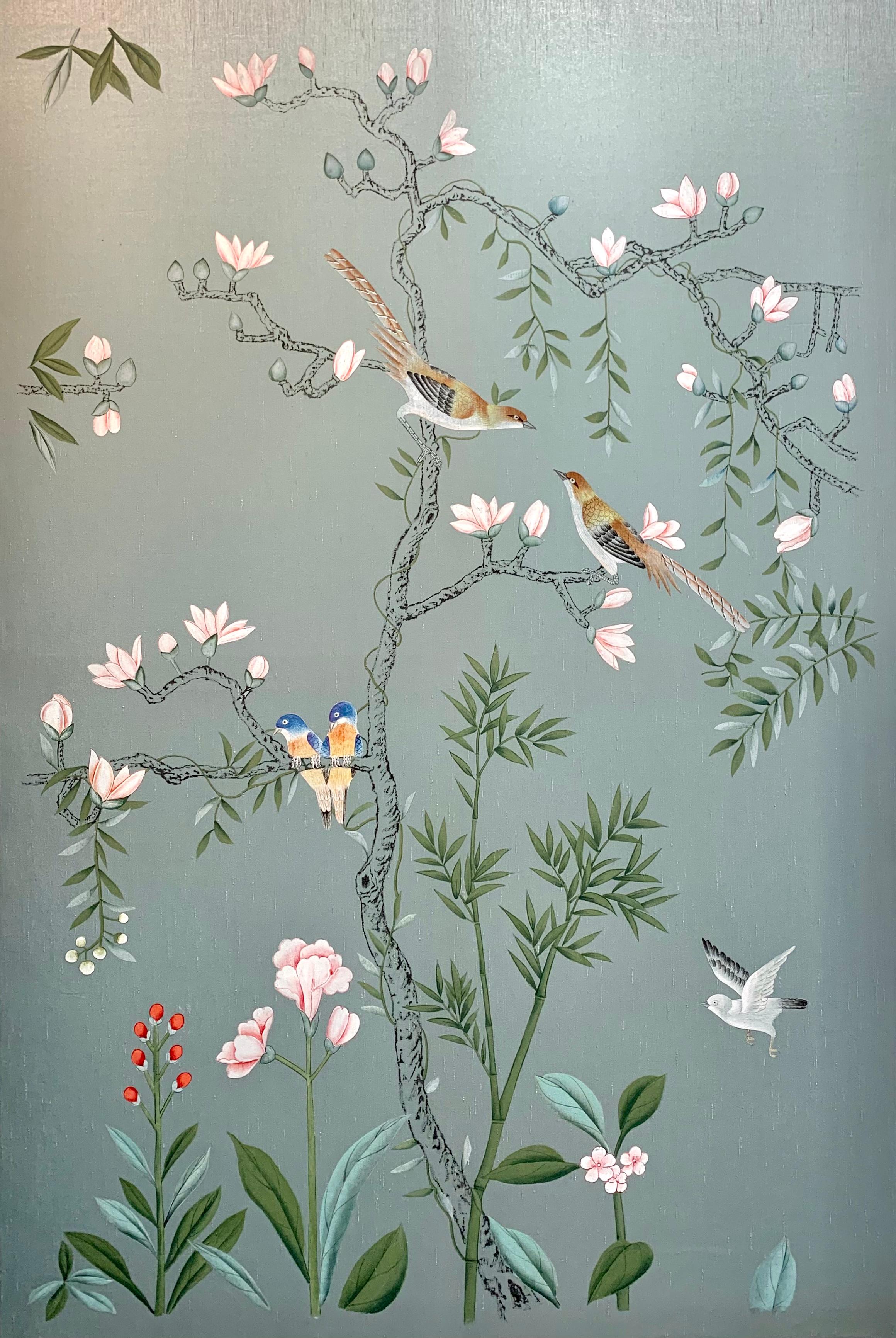soft morning light is an original painting inspired by chinoiserie. Birds are sitting in the trees reminding us of wallpaper designs by degournay.

Katharina Husslein has started a new body of work looking at rainforests and jungles. These beautiful