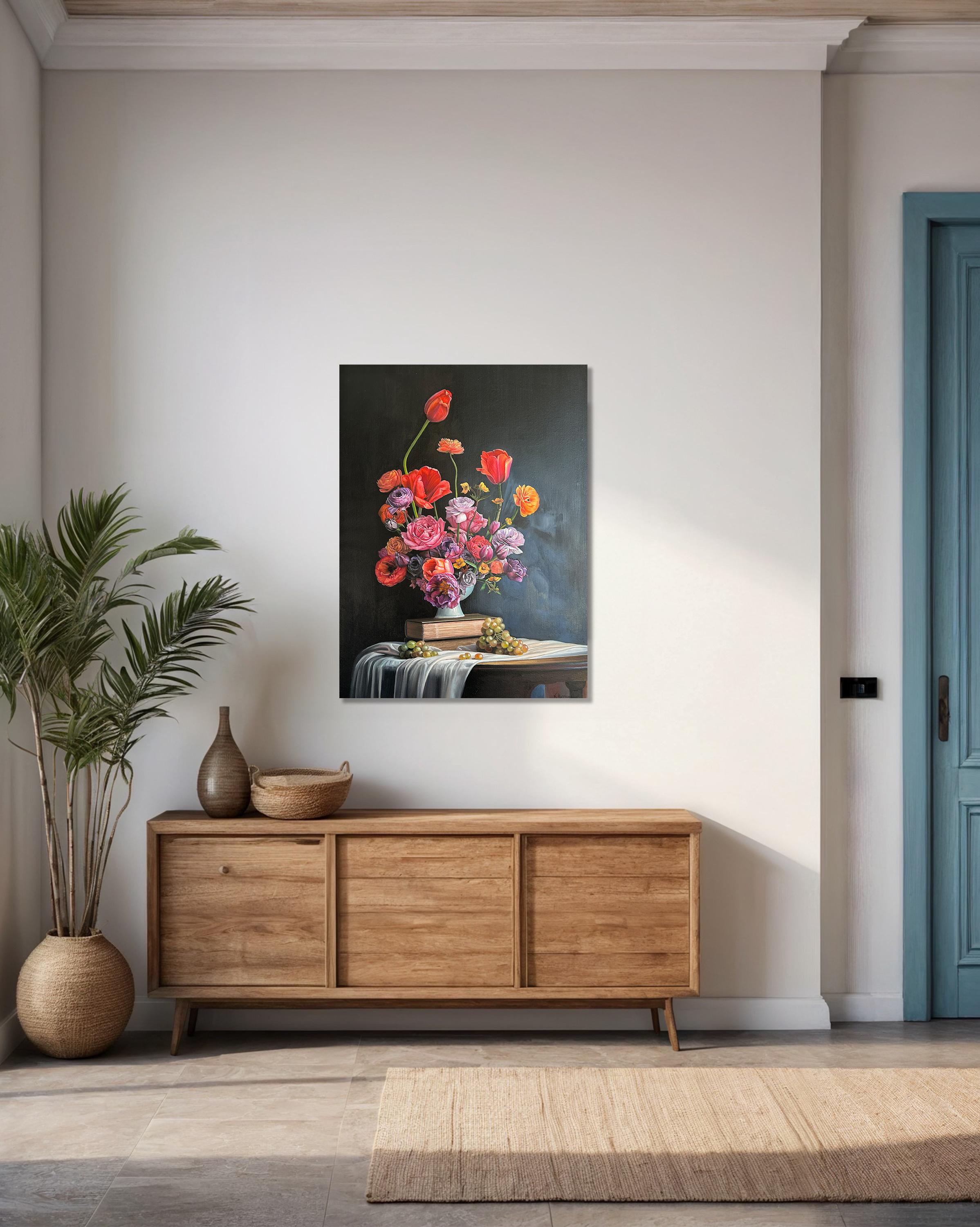This is a beautiful oil painting of an array of flowers in a vase in front of a dark background.
Reminding us of old master paintings, this is a brand new painting full elegance and timeless elegance.
The botanical paintings by Katharina Husslein