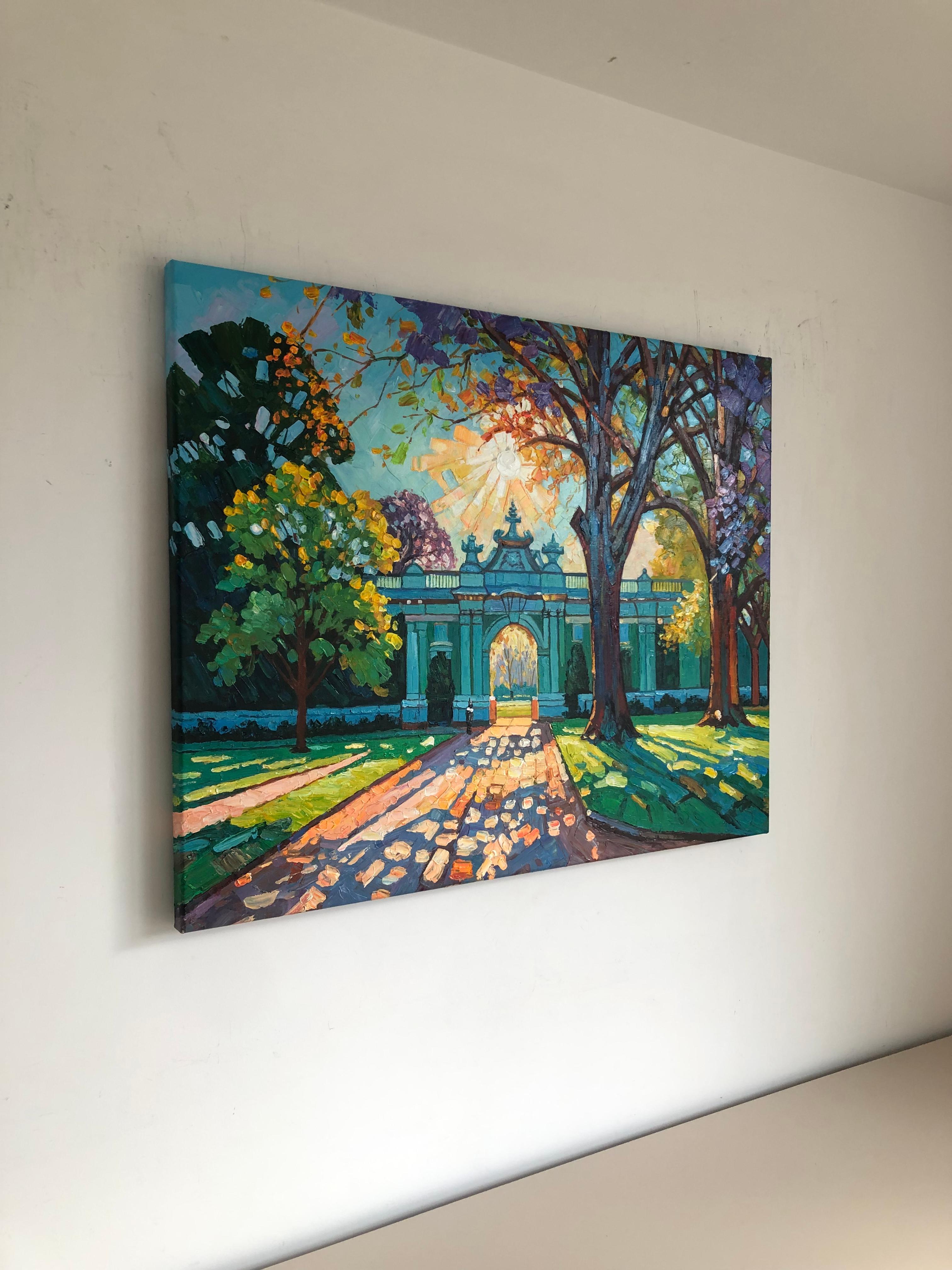 Um die Ecke gibt es noch eine neue Straße von K.Husslein Impasto-Gemälde (Blau), Landscape Painting, von Katharina Husslein