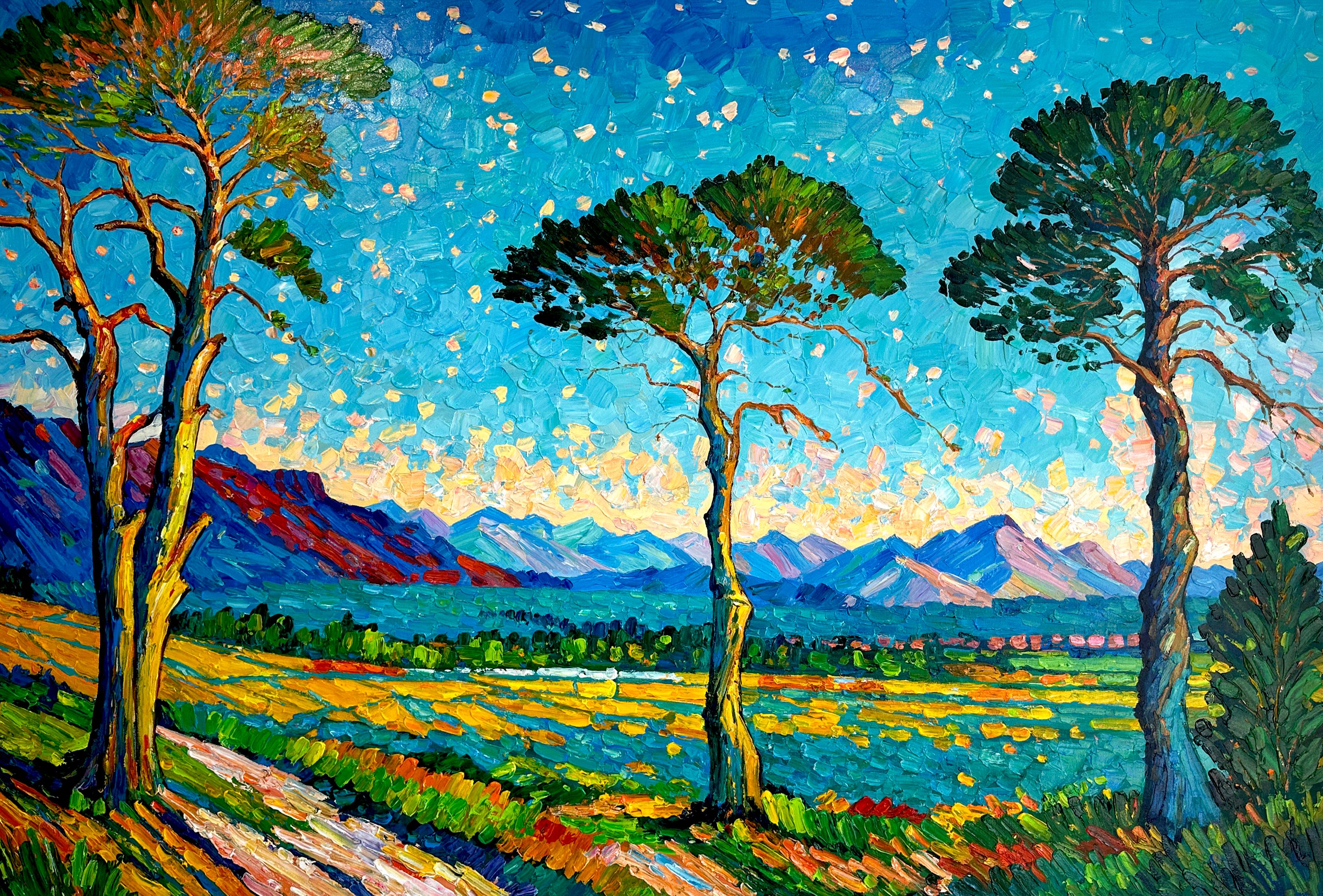 This is a beautiful impasto landscape painting of trees at sunset.  
Within her impressionist landscape paintings, her experiences abroad truly come to light. These textural and abstracted paintings perfectly capture the vibrancy and movement