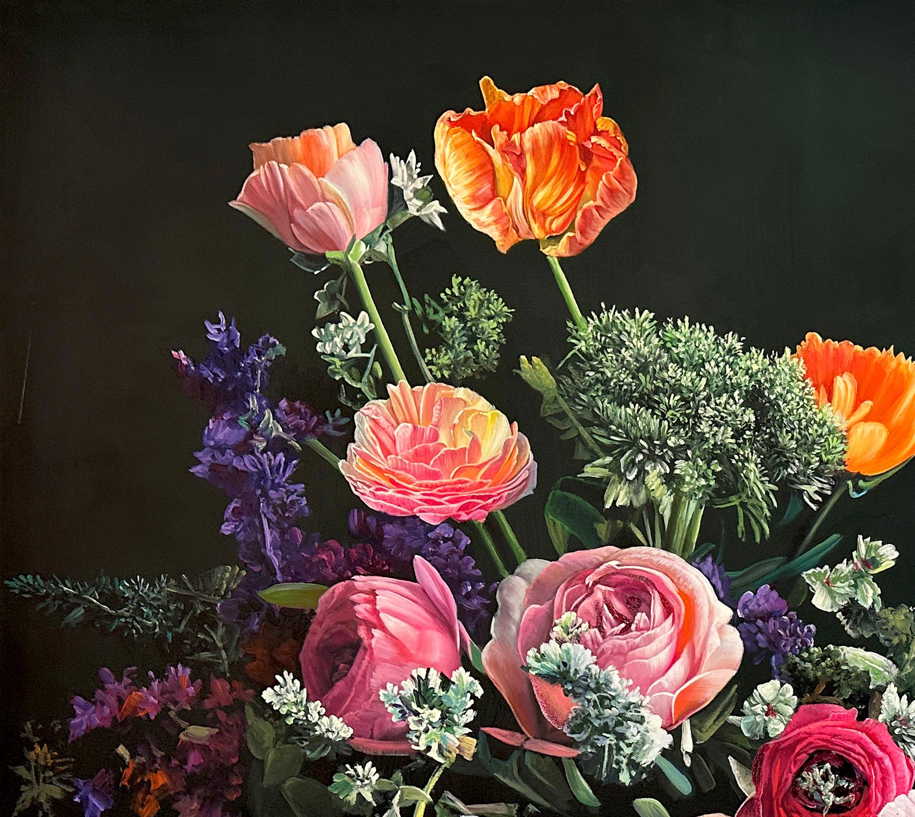 Se trata de un hermoso óleo de un conjunto de flores en un jarrón delante de un fondo oscuro.
Nos recuerda a los cuadros de los antiguos maestros, pero es un cuadro totalmente nuevo, lleno de elegancia e intemporalidad.
Las pinturas botánicas de