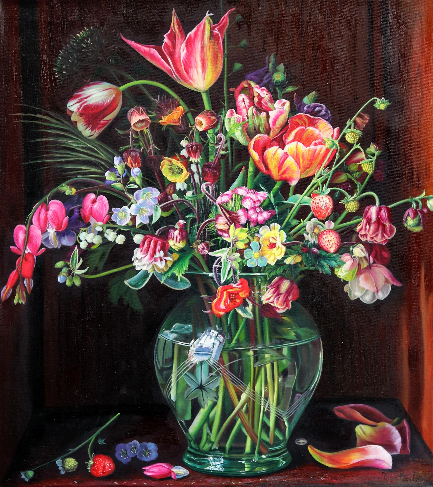 Katharina Husslein Figurative Painting - The Mystery of Growing Things - Moody Still Life Flowers in Vase Bright Painting