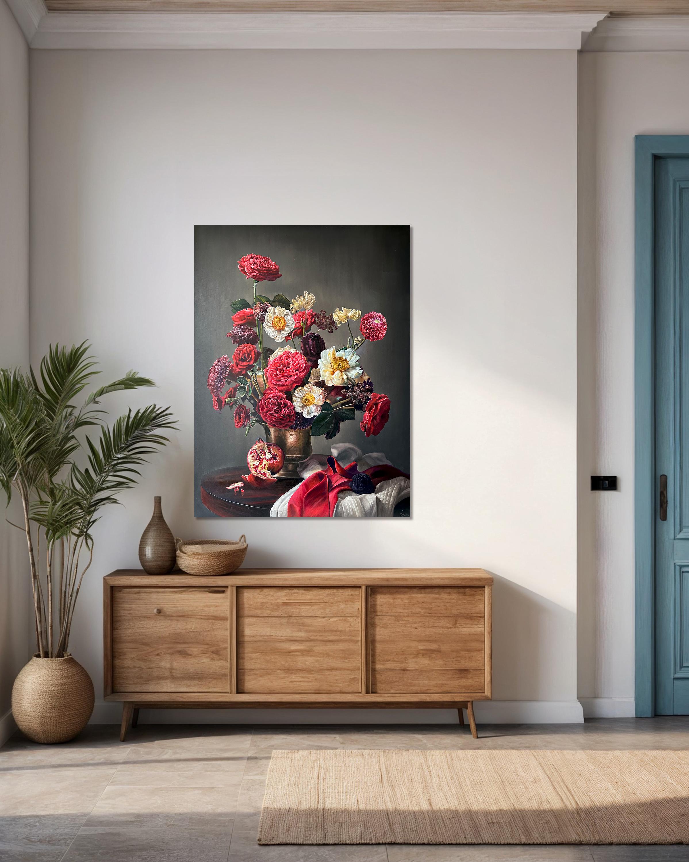 La Rosa del Mondo di K.K. Natura morta botanica iperrealistica - Painting Fotorealista di Katharina Husslein