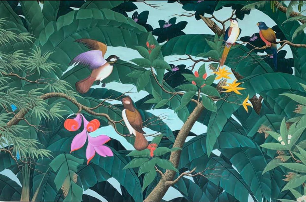 The Soul that Sees Beauty is a contemporary nature painting of jungle trees and birds  113 x 170 cm full of color and light. 
Four birds with pink, blue and yellow are sitting on jungle trees, looking and speaking to each other.

 Katharina Husslein