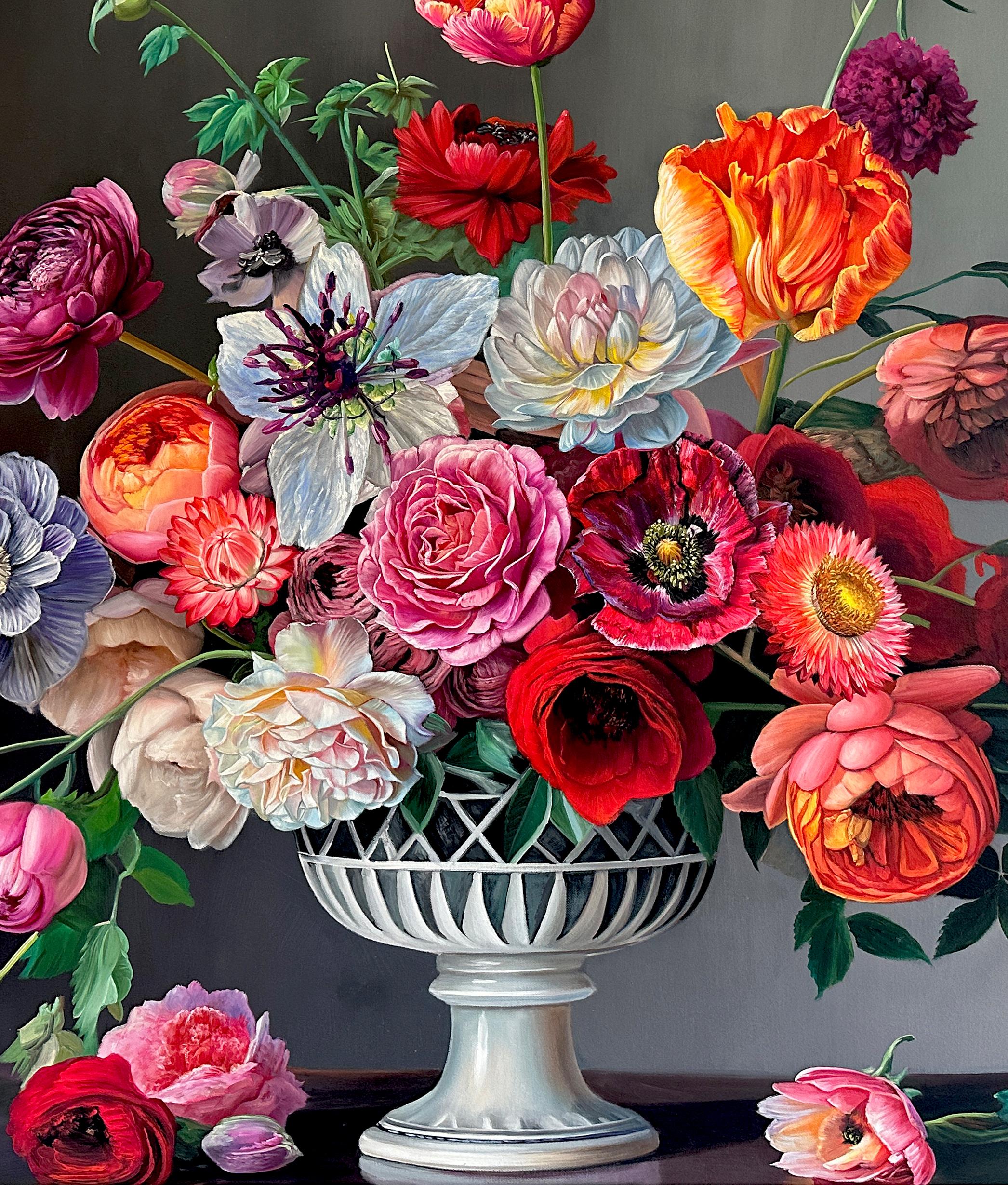 Se trata de un hermoso óleo de un conjunto de flores en un jarrón delante de un fondo oscuro.
Nos recuerda a los cuadros de los antiguos maestros, pero es un cuadro totalmente nuevo, lleno de elegancia e intemporalidad.
Las pinturas botánicas de