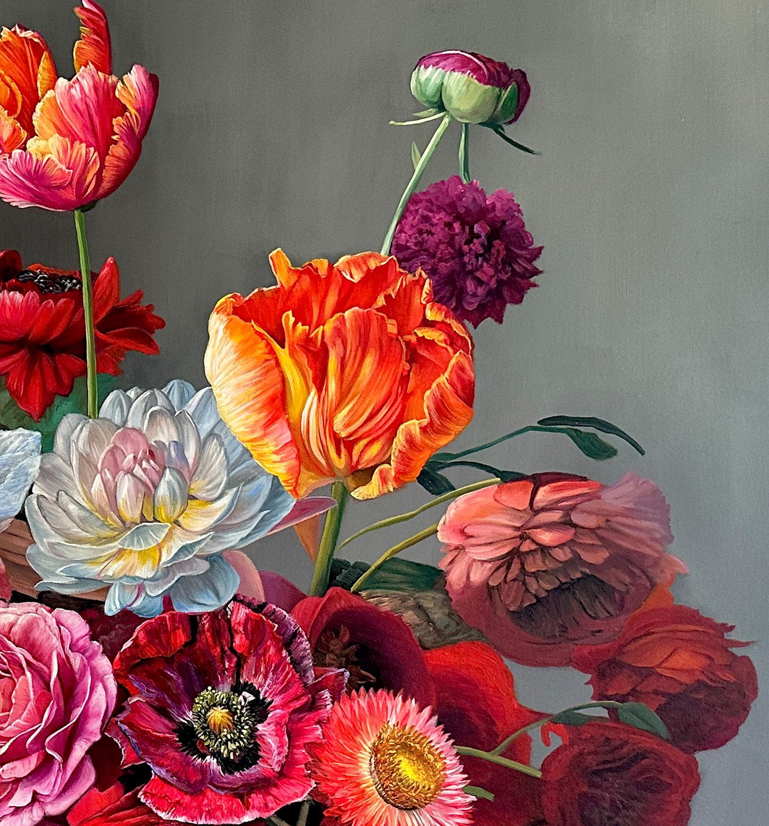 Se trata de un hermoso óleo de un conjunto de flores en un jarrón delante de un fondo oscuro.
Nos recuerda a los cuadros de los antiguos maestros, pero es un cuadro totalmente nuevo, lleno de elegancia e intemporalidad.
Las pinturas botánicas de