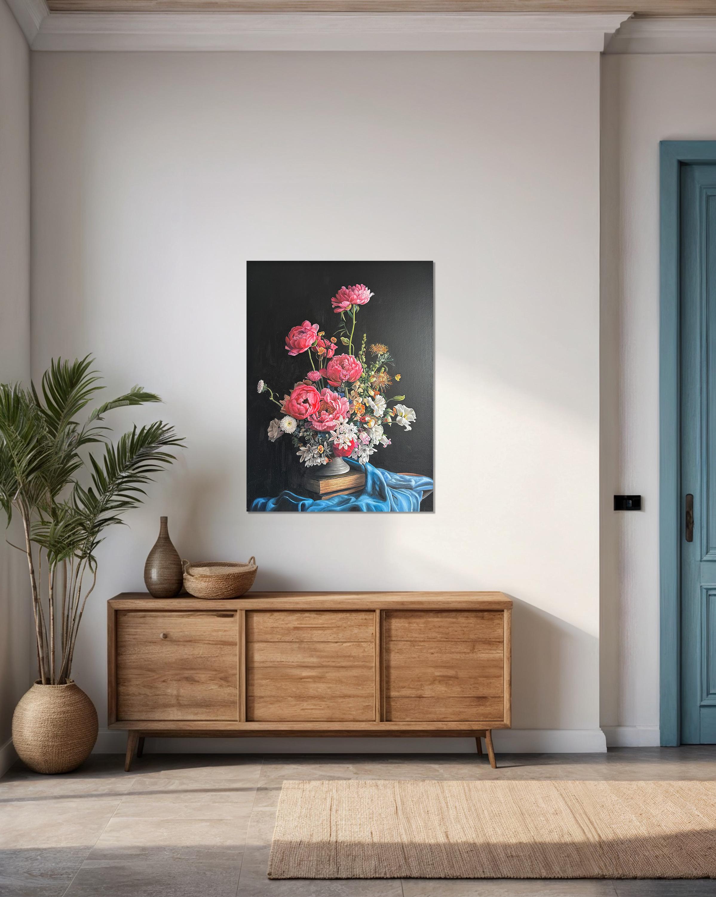 This is a beautiful oil painting of an array of flowers in a vase in front of a dark background.
Reminding us of old master paintings, this is a brand new painting full elegance and timeless elegance.
The botanical paintings by Katharina Husslein