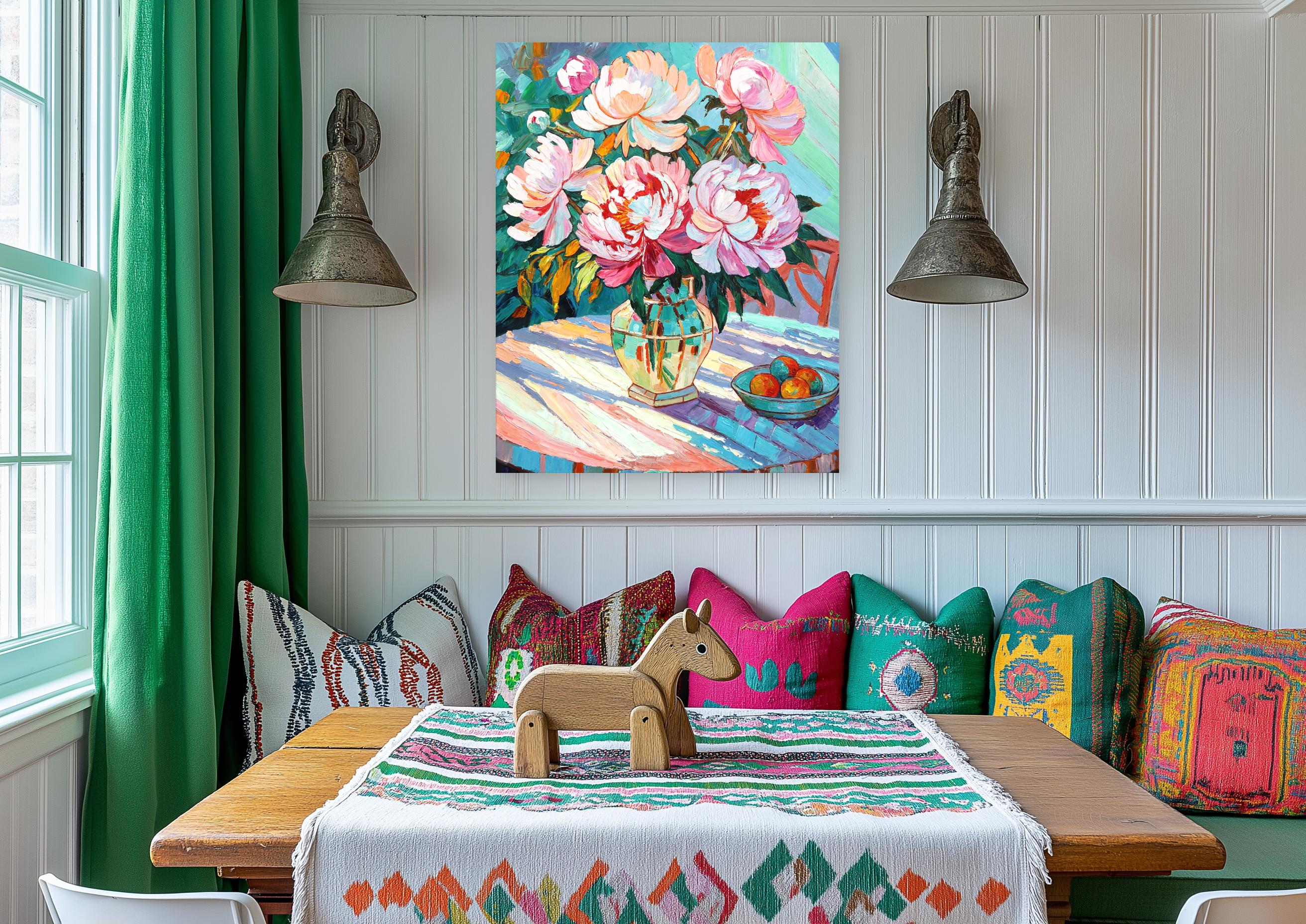 Time For Slow Day - Colorful Textural Floral Still Life Oil Painting - Gray Abstract Painting by Katharina Husslein
