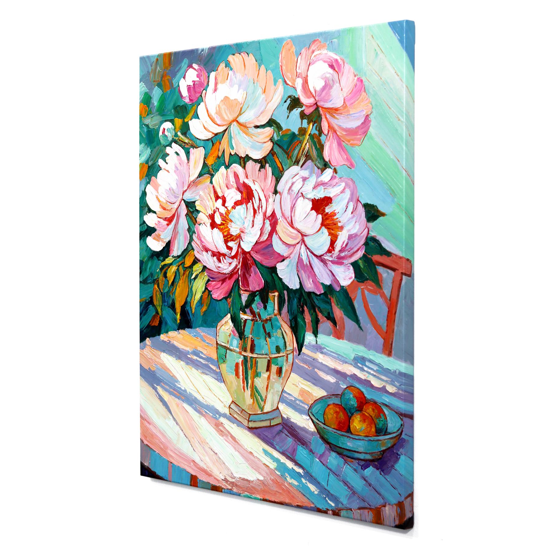 Time For Slow Day - Colorful Textural Floral Still Life Oil Painting For Sale 1