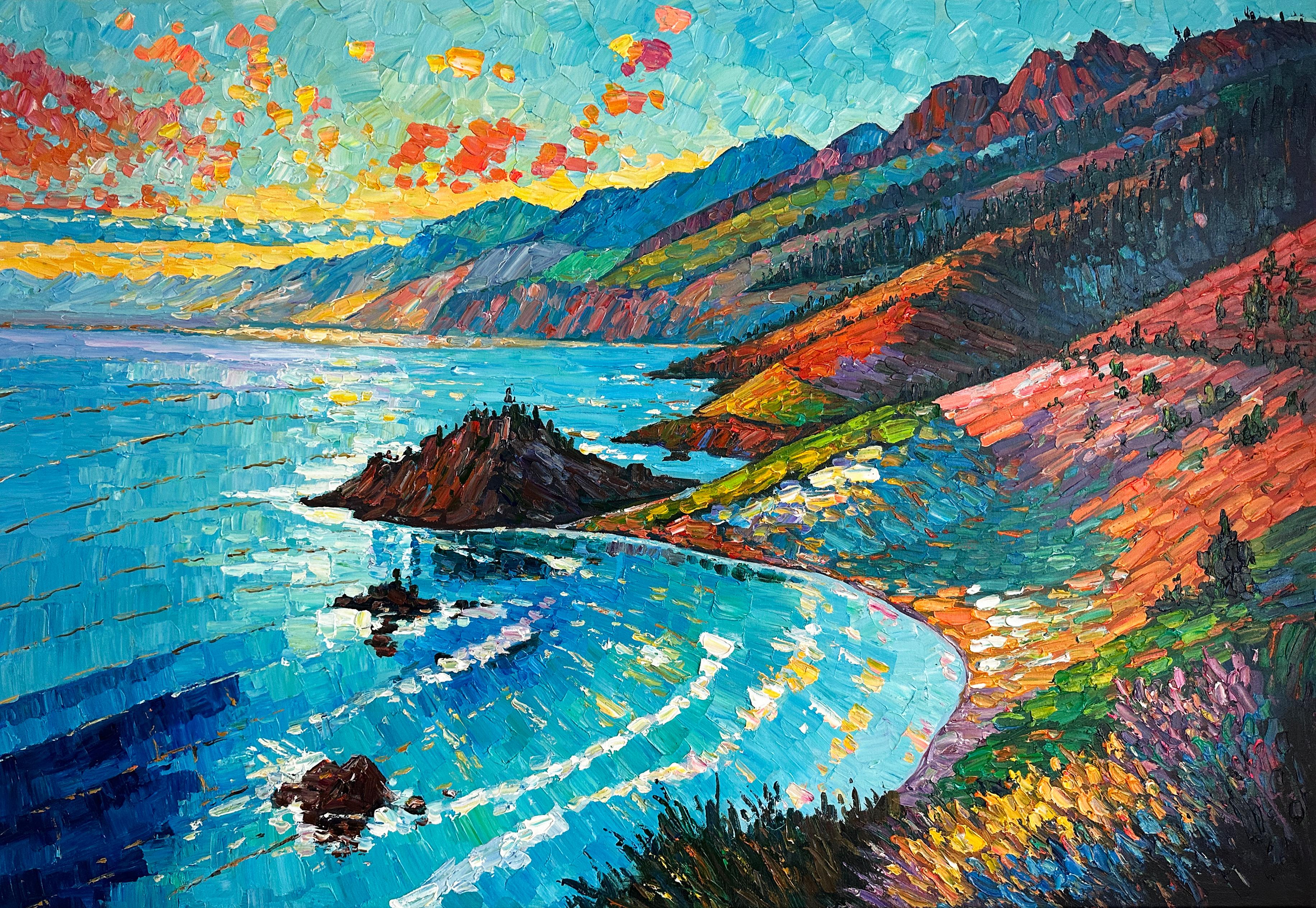 Perseguidor del sol es un bello paisaje pintado a la orilla del mar. Llegan las olas a la playa.
En sus cuadros de paisajes impresionistas salen a la luz sus experiencias en el extranjero. Estas pinturas texturadas y abstractas captan perfectamente