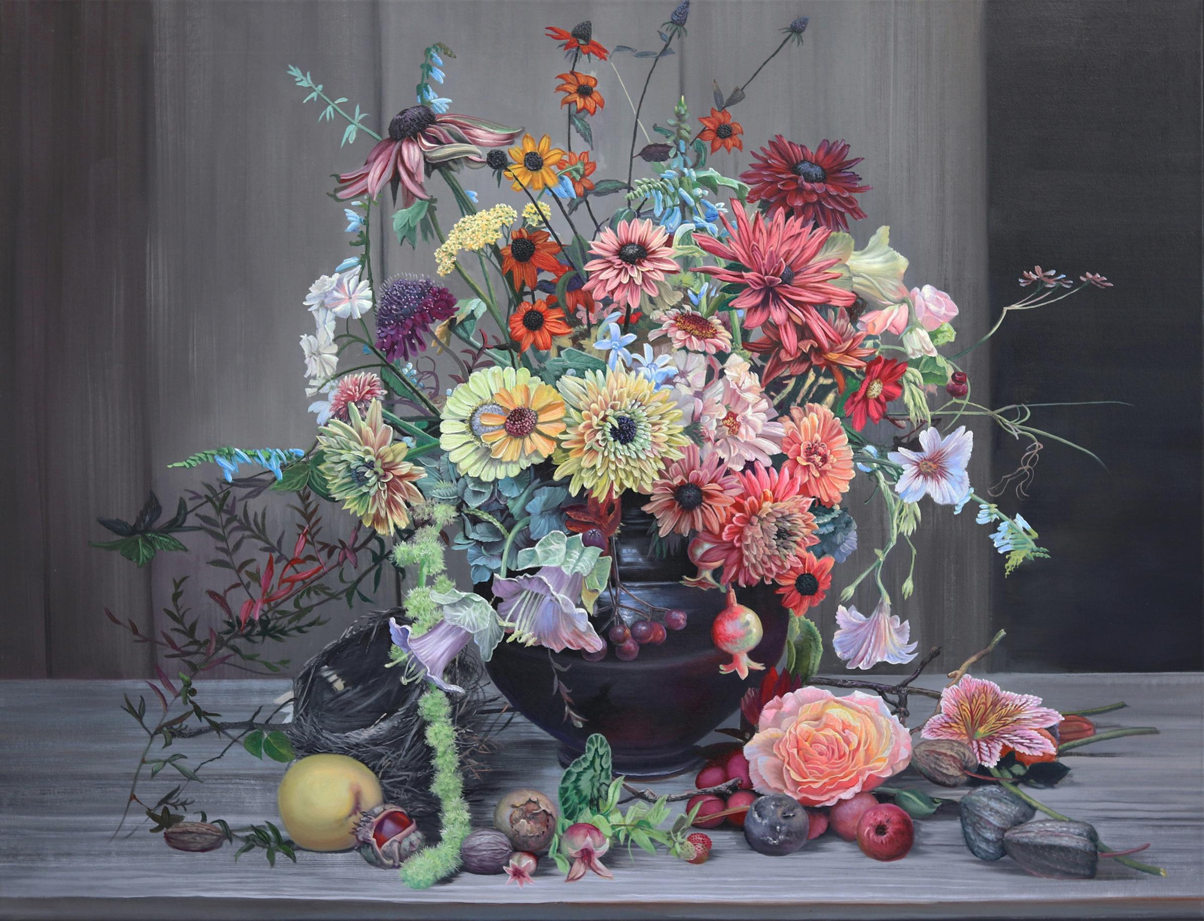 Time To Grow – Hyperrealistisches botanisches Blumenstillleben, Ölgemälde