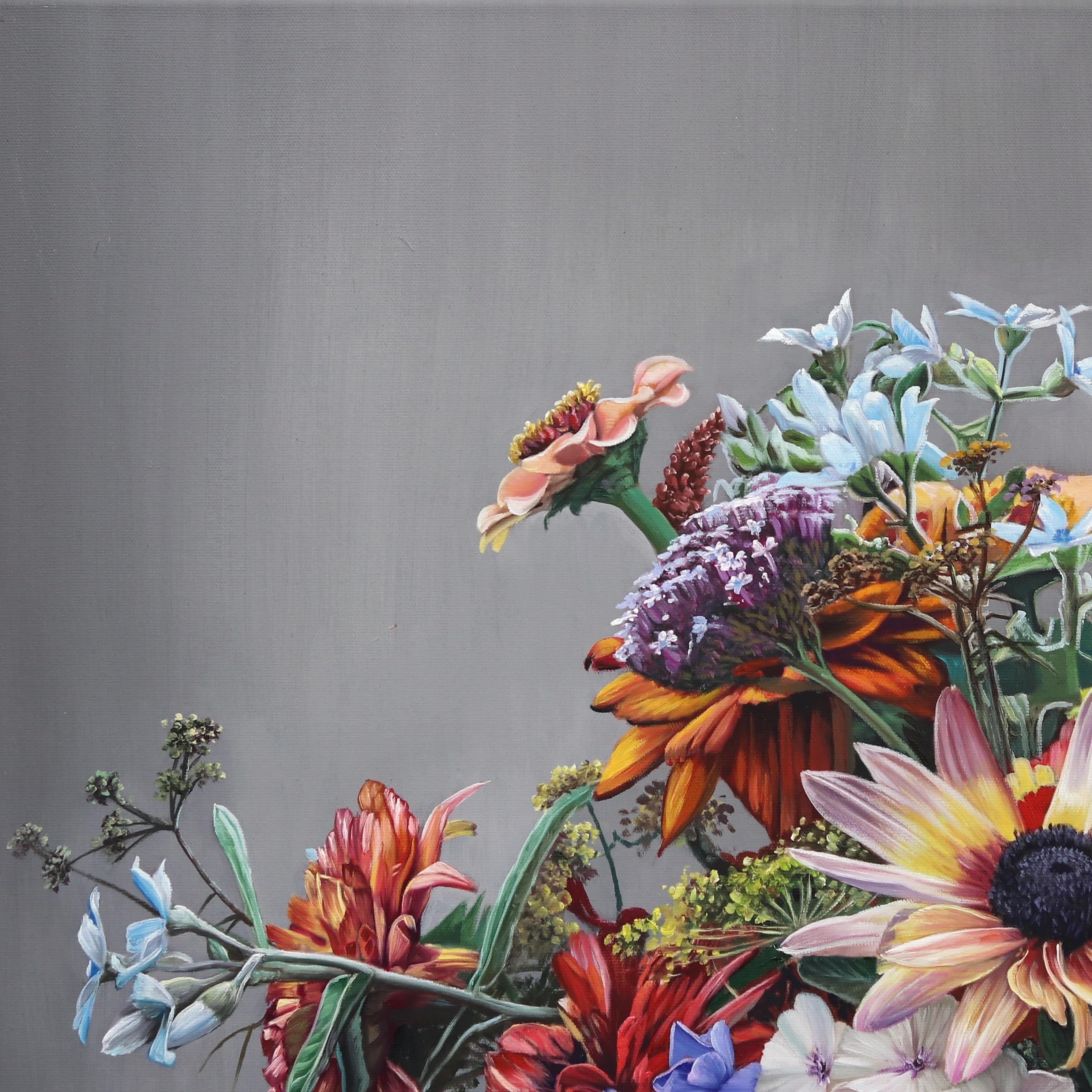 Touching Souls - Hyperrealist Floral Still Life Oil Painting - Gray Figurative Painting by Katharina Husslein
