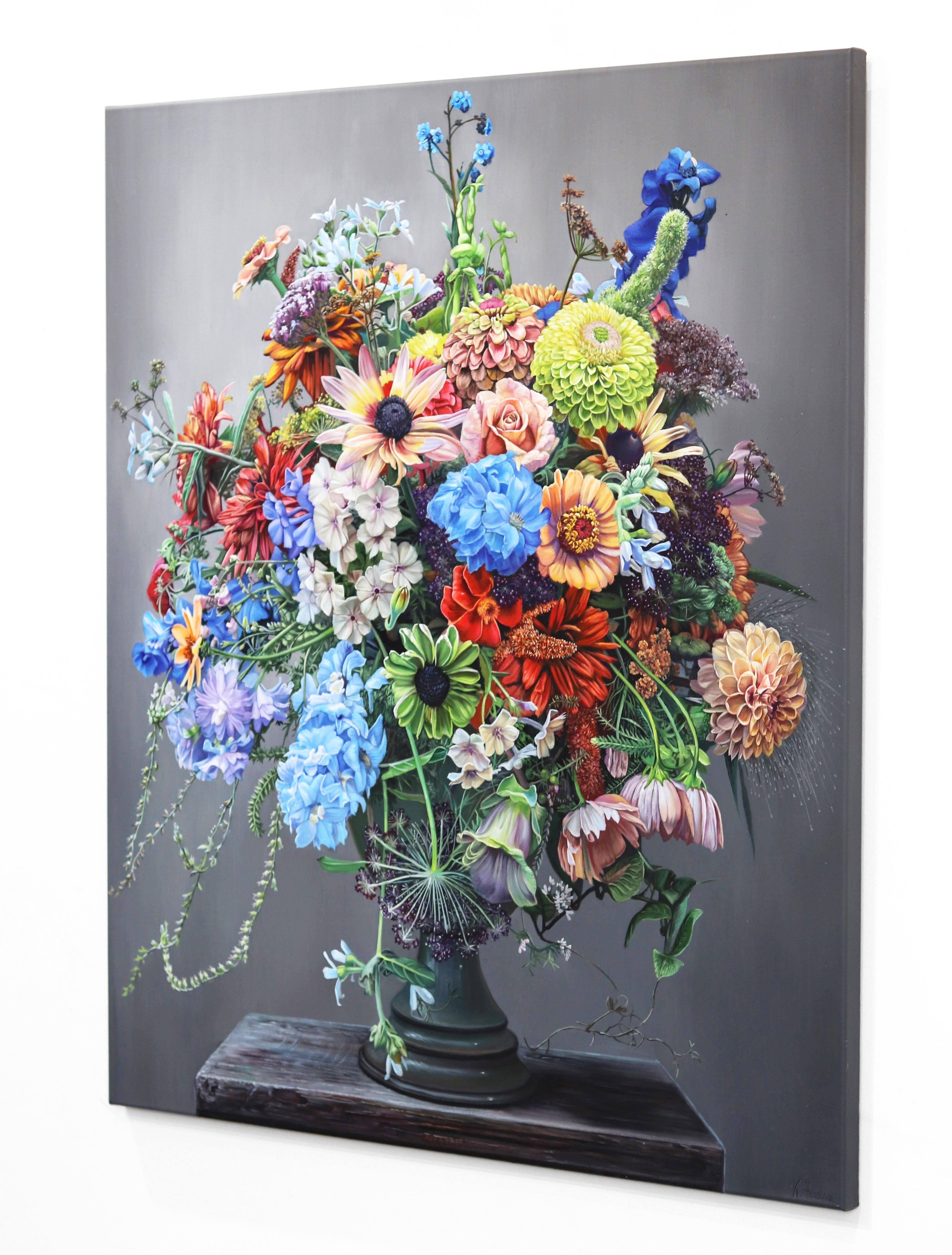 Inspired by paintings created by old masters and the immersive nature she experienced in the Black Forest, German artist Katharina Husslein paints in a representational hyperrealistic manner to capture lively bouquets and saturated landscapes.