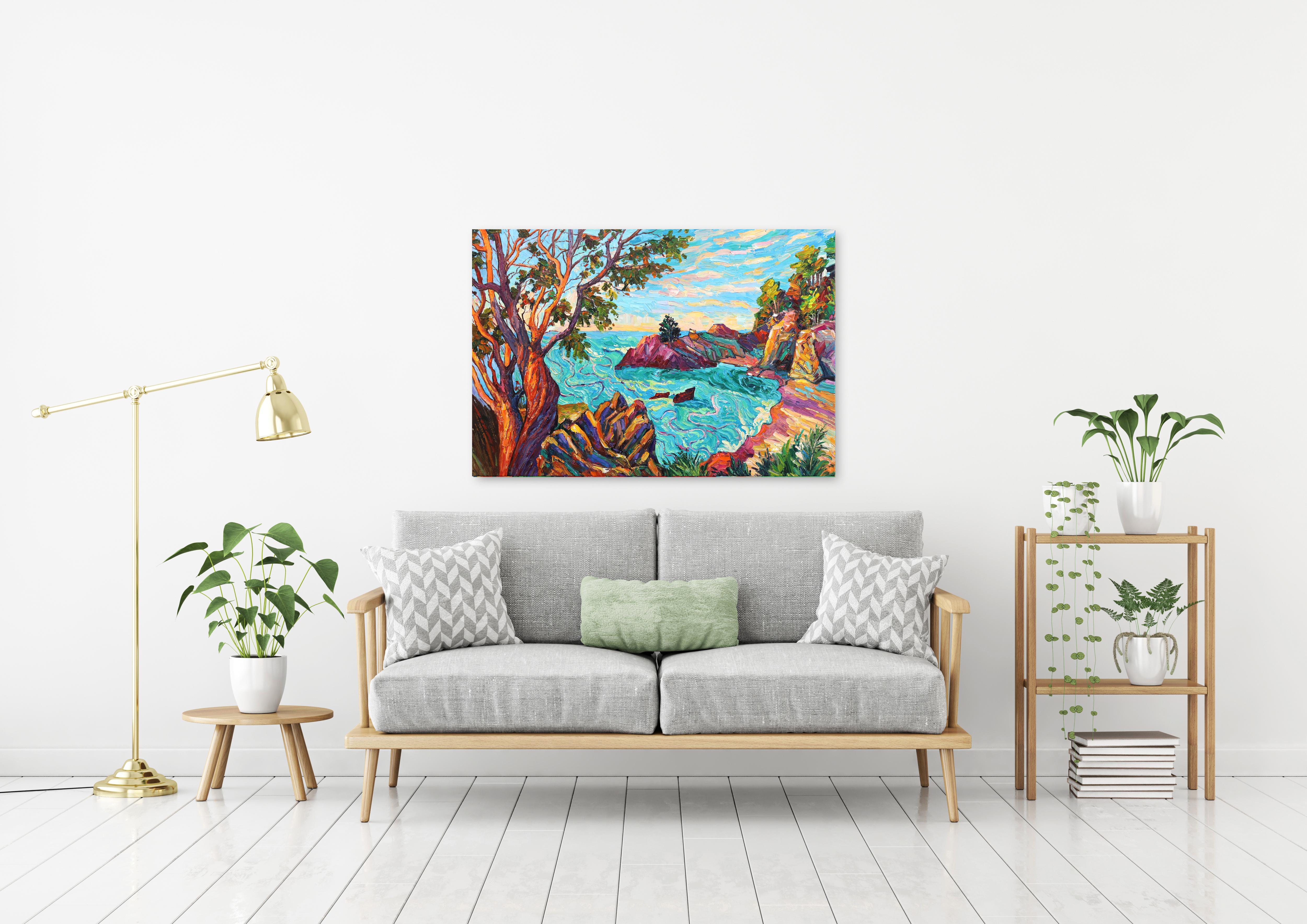 Aquarelles turquoises - Peinture à l'huile - Peinture de paysage texturée de style impressionniste en vente 3