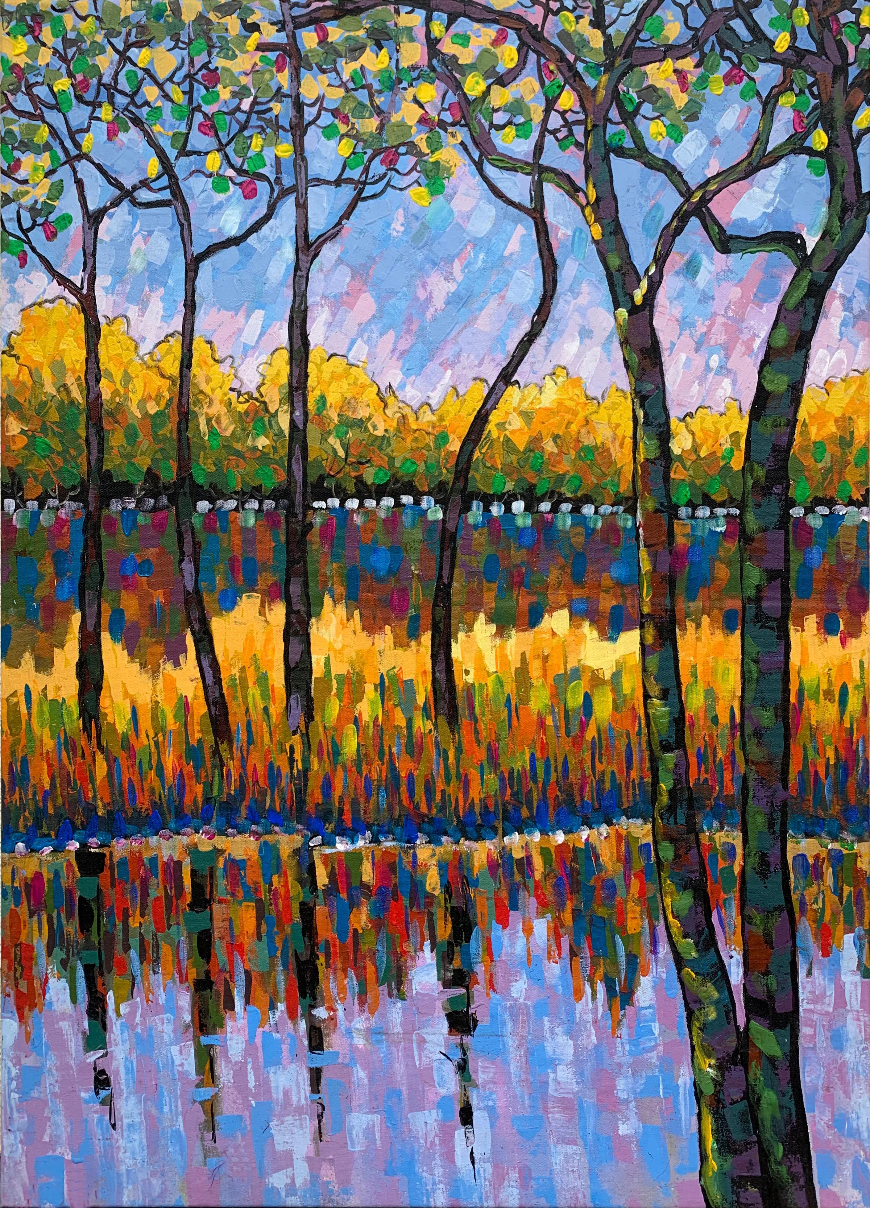 A beautifully colorful oil and acrylic painting - inspired by impressionist artworks, this atmospheric landscape painting is full of positive colors. Trees line the horizon and are reflected in the water.

Contemporary painting ready to hang.