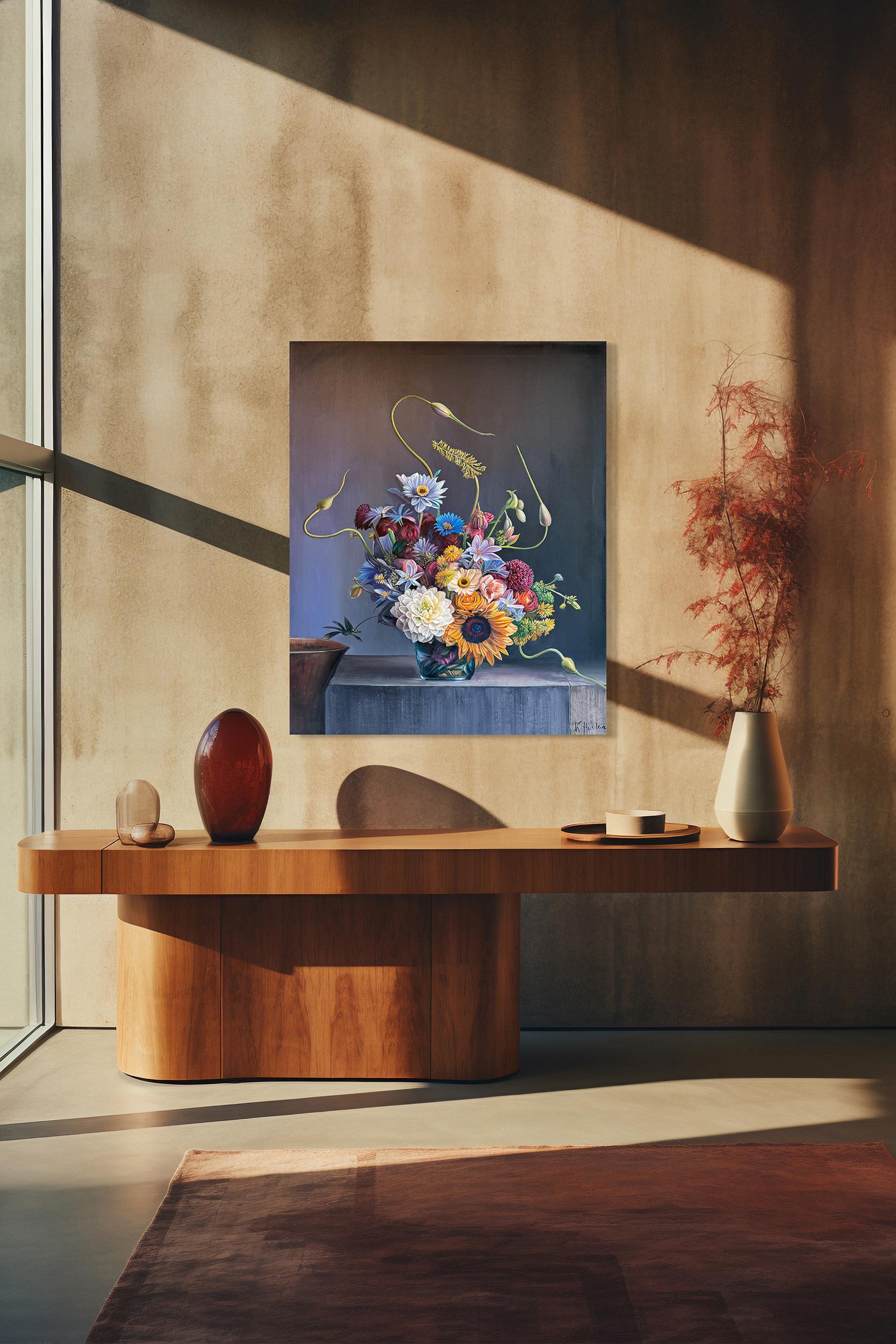 Dies ist ein schönes Ölgemälde von einer Reihe von Blumen in einer Vase vor dunklem Hintergrund.
Dieses brandneue Gemälde voller Eleganz und zeitloser Eleganz erinnert an die Gemälde alter Meister.
Die botanischen Gemälde von Katharina Husslein