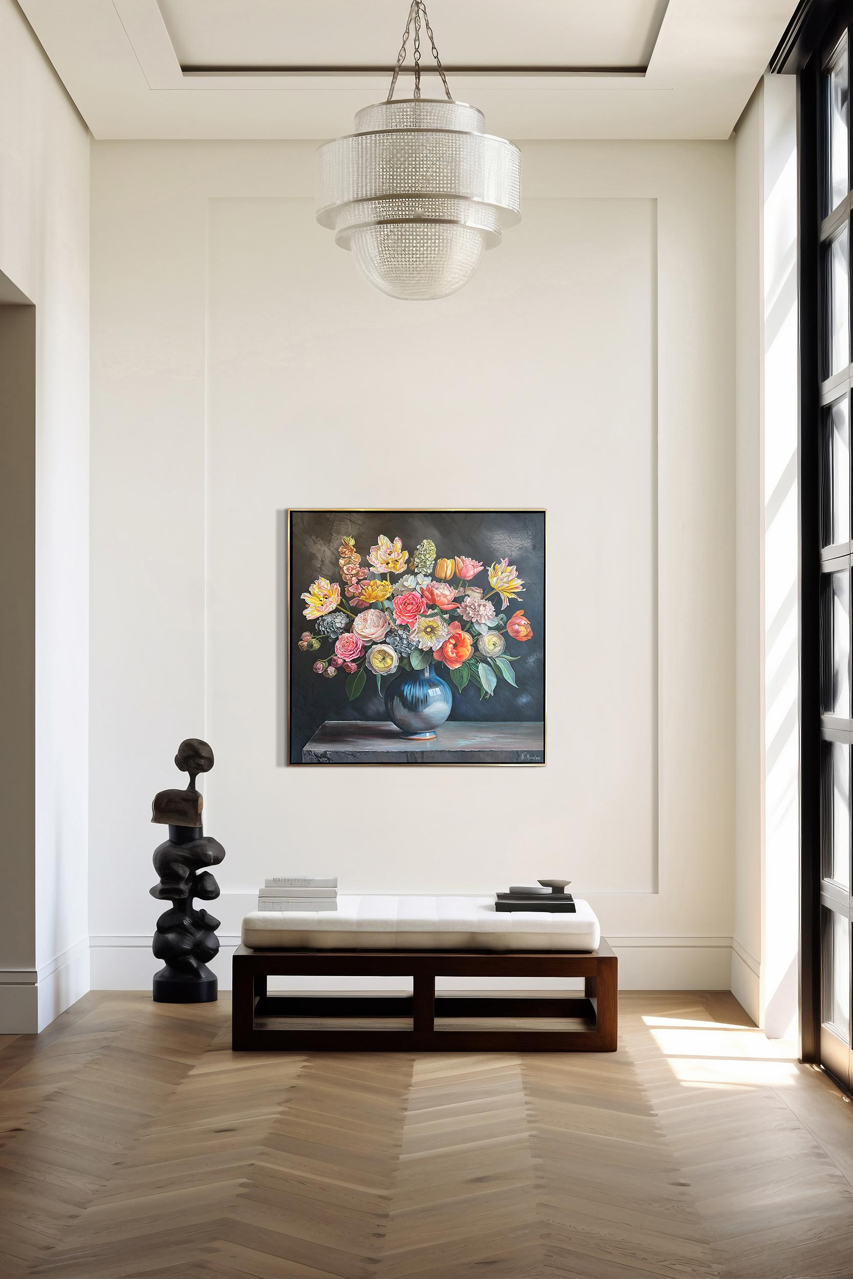 This is a beautiful oil painting of an array of flowers in a vase in front of dark background.
Reminding us of old master paintings, this is a brand new painting full elegance and timeless elegance.
The botanical paintings by Katharina Husslein have