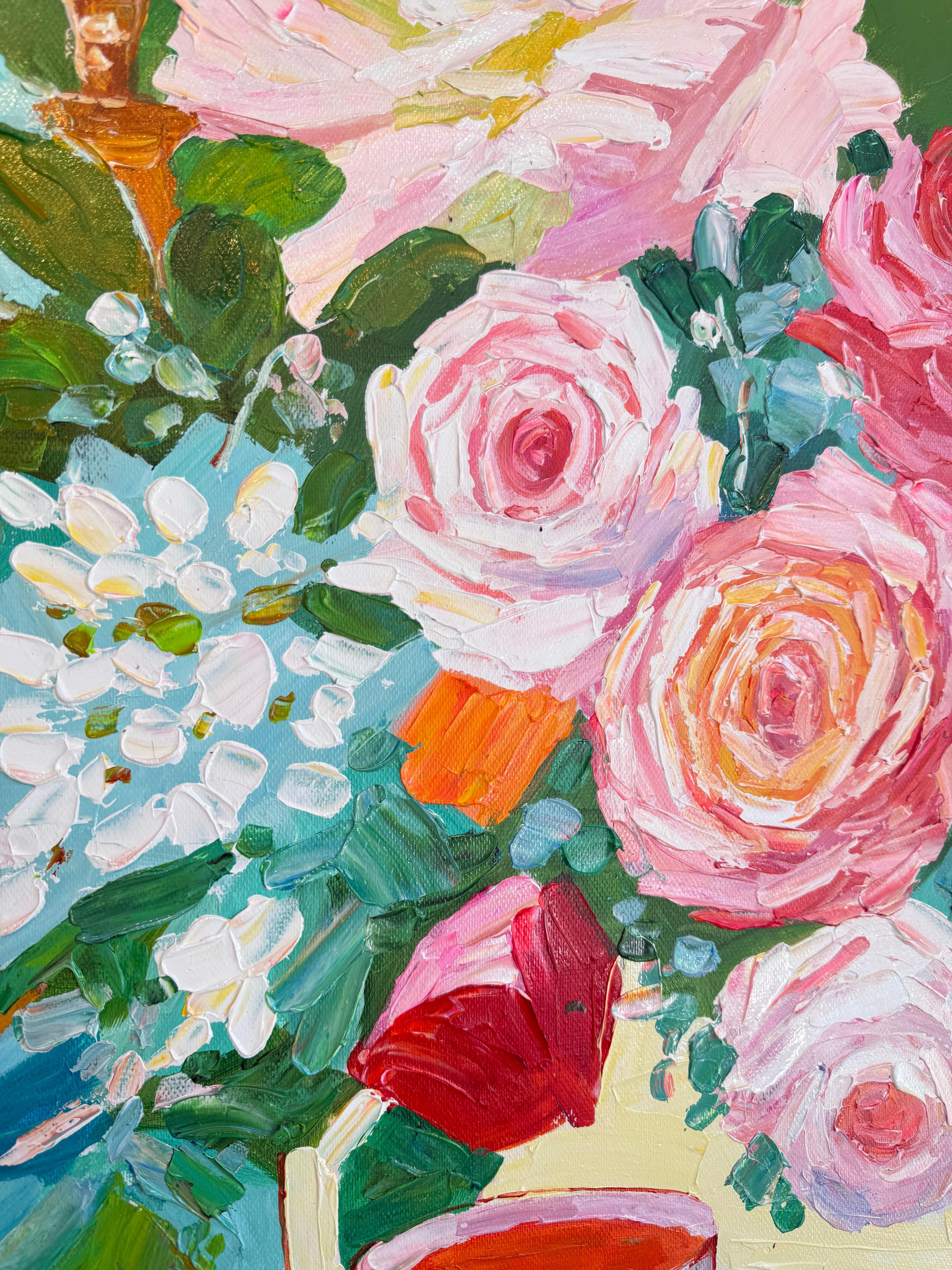 Là où les bougies chuchotent - K.Kusslein Impasto Flower Dinner Table Painting en vente 7