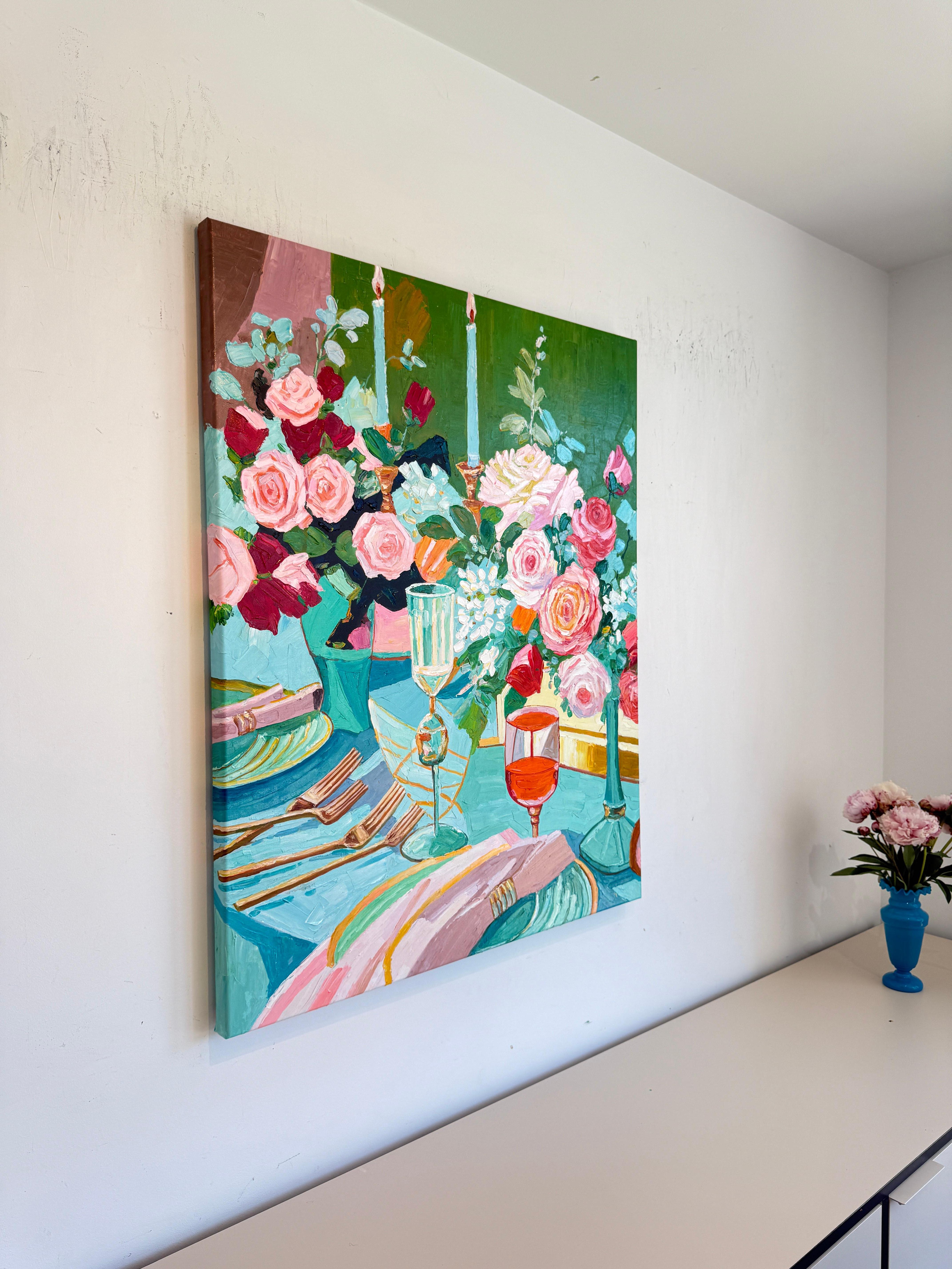 Là où les bougies chuchotent - K.Kusslein Impasto Flower Dinner Table Painting en vente 8