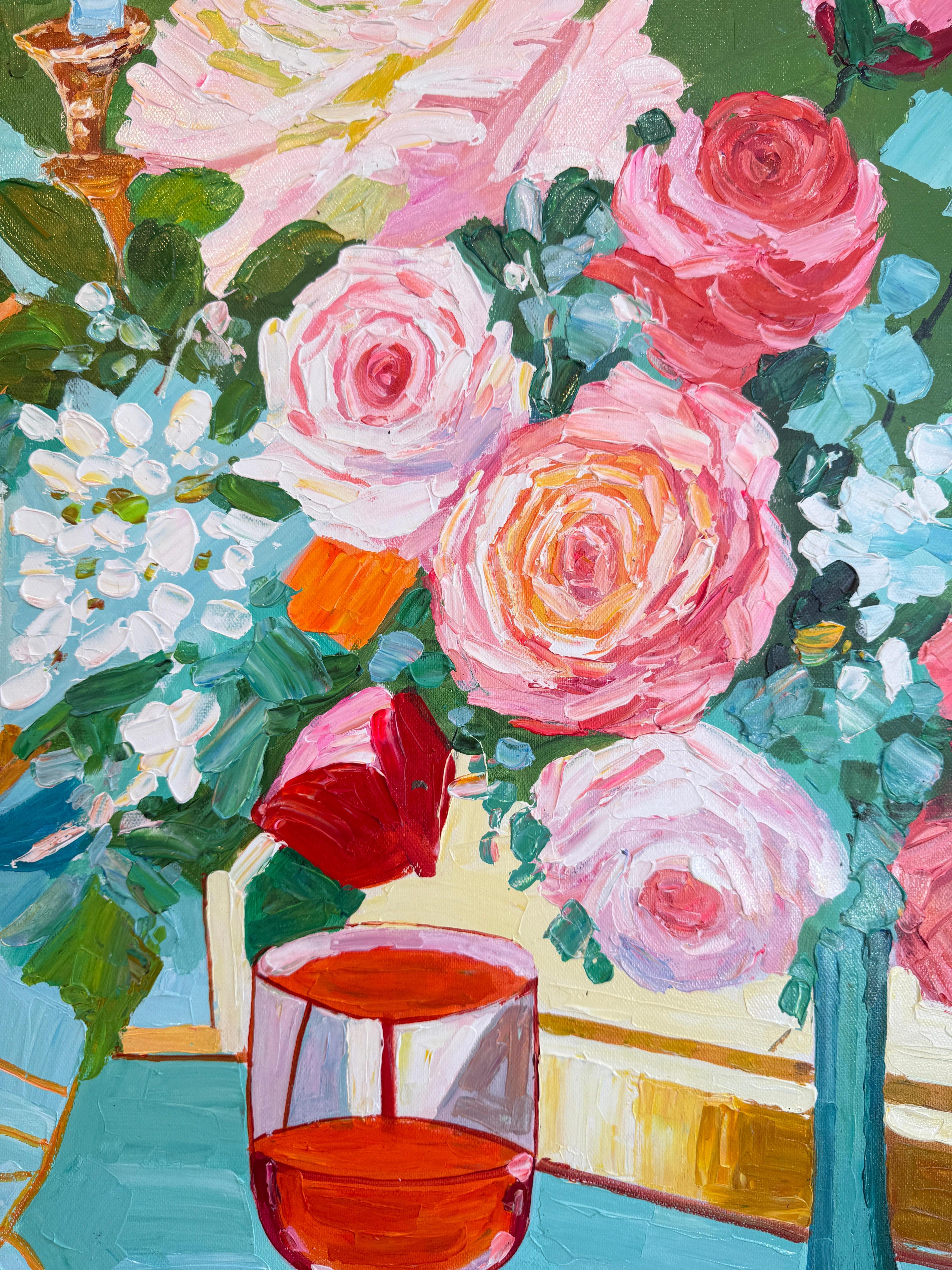 Là où les bougies chuchotent - K.Kusslein Impasto Flower Dinner Table Painting en vente 9