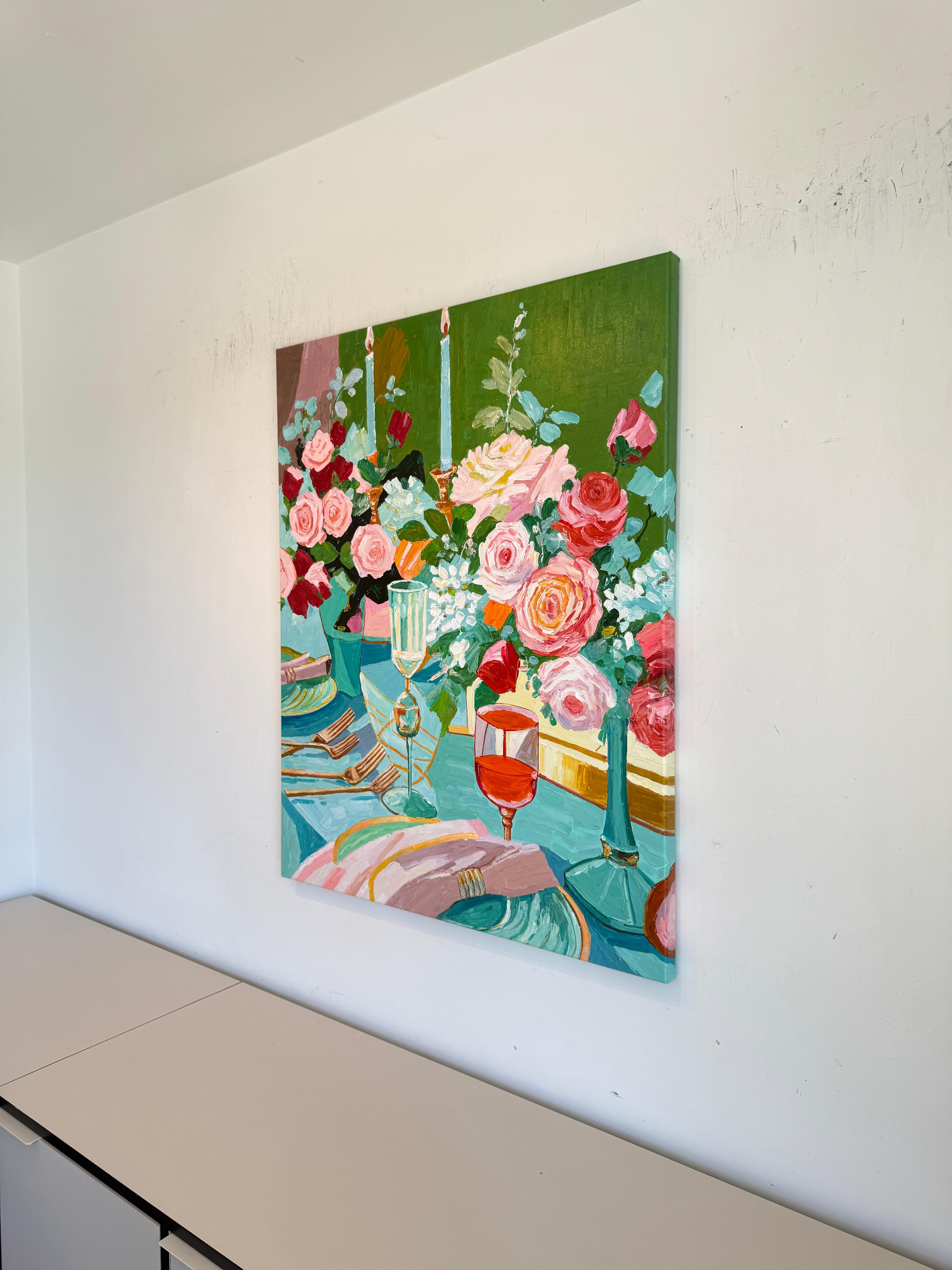 Là où les bougies chuchotent - K.Kusslein Impasto Flower Dinner Table Painting en vente 10