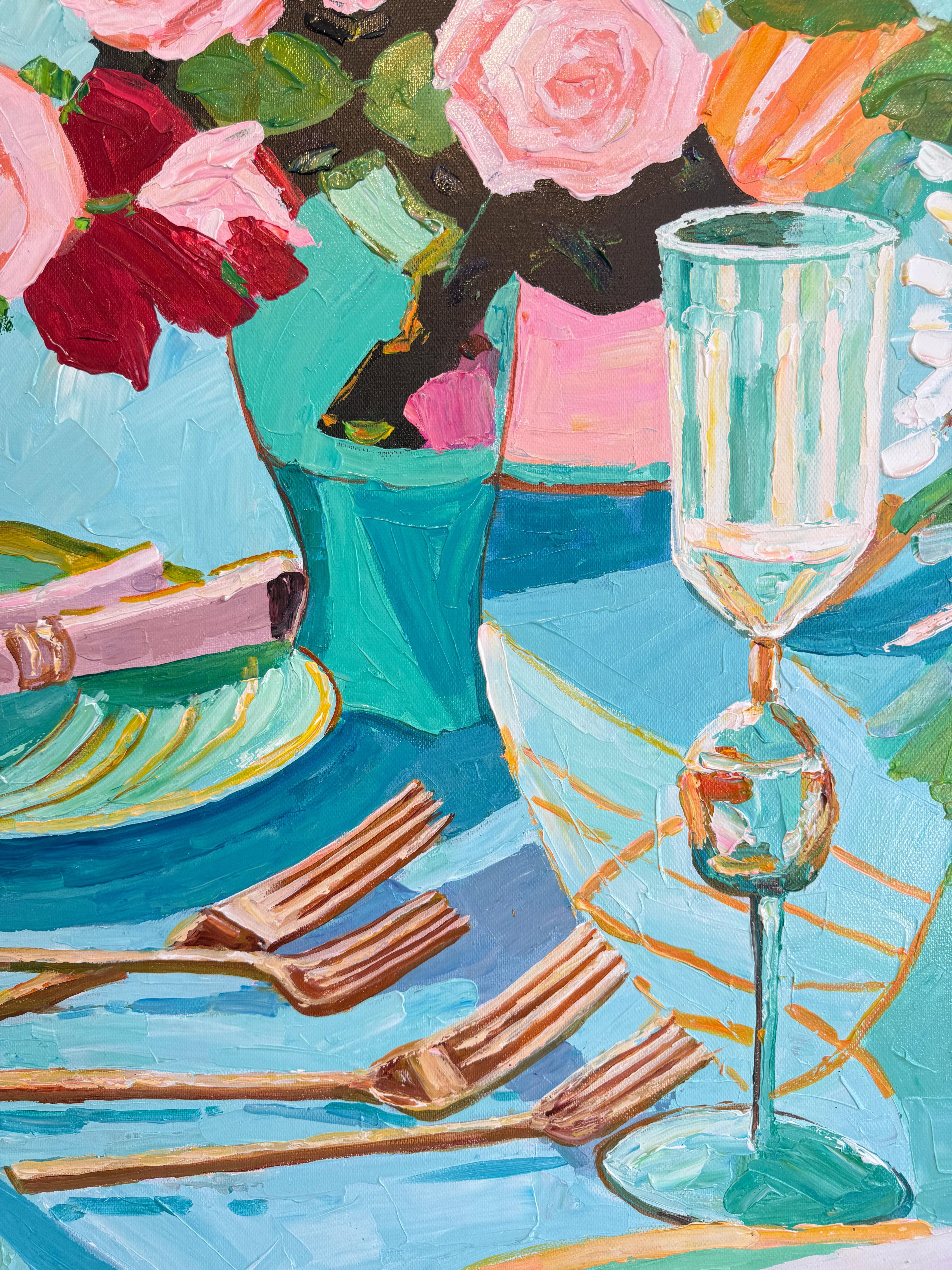 Là où les bougies chuchotent - K.Kusslein Impasto Flower Dinner Table Painting en vente 11