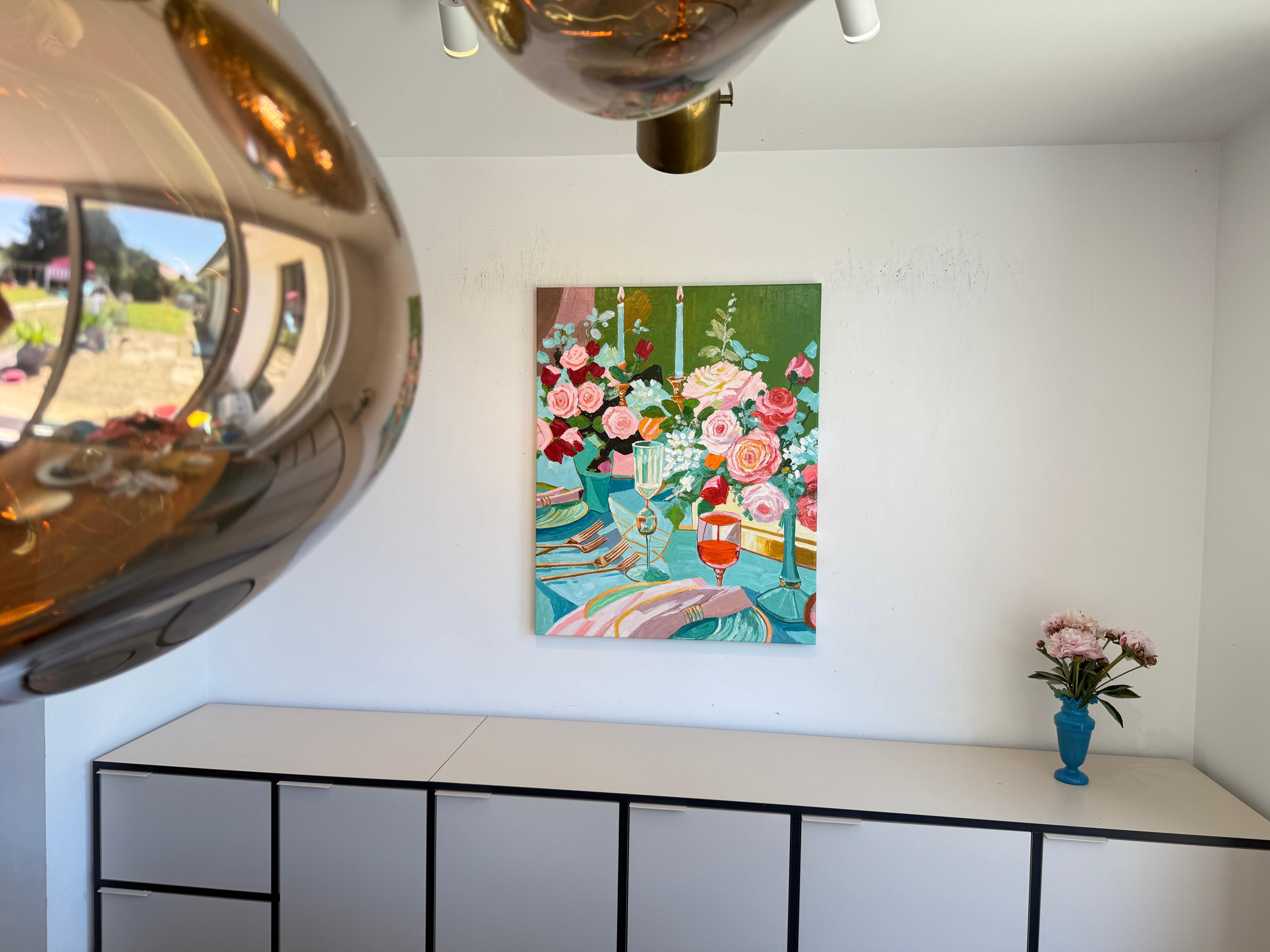 Là où les bougies chuchotent - K.Kusslein Impasto Flower Dinner Table Painting en vente 12