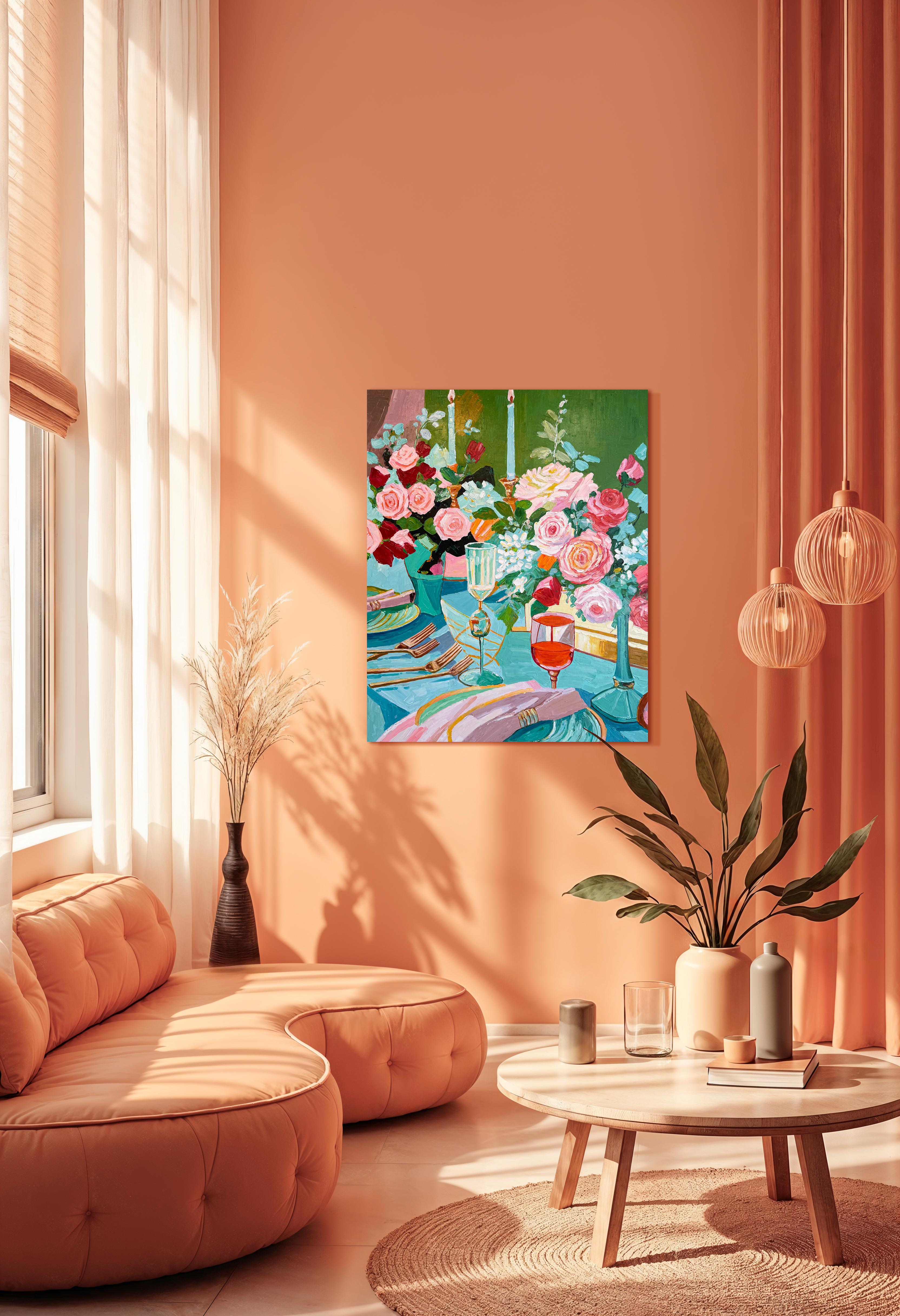 Là où les bougies chuchotent - K.Kusslein Impasto Flower Dinner Table Painting en vente 13