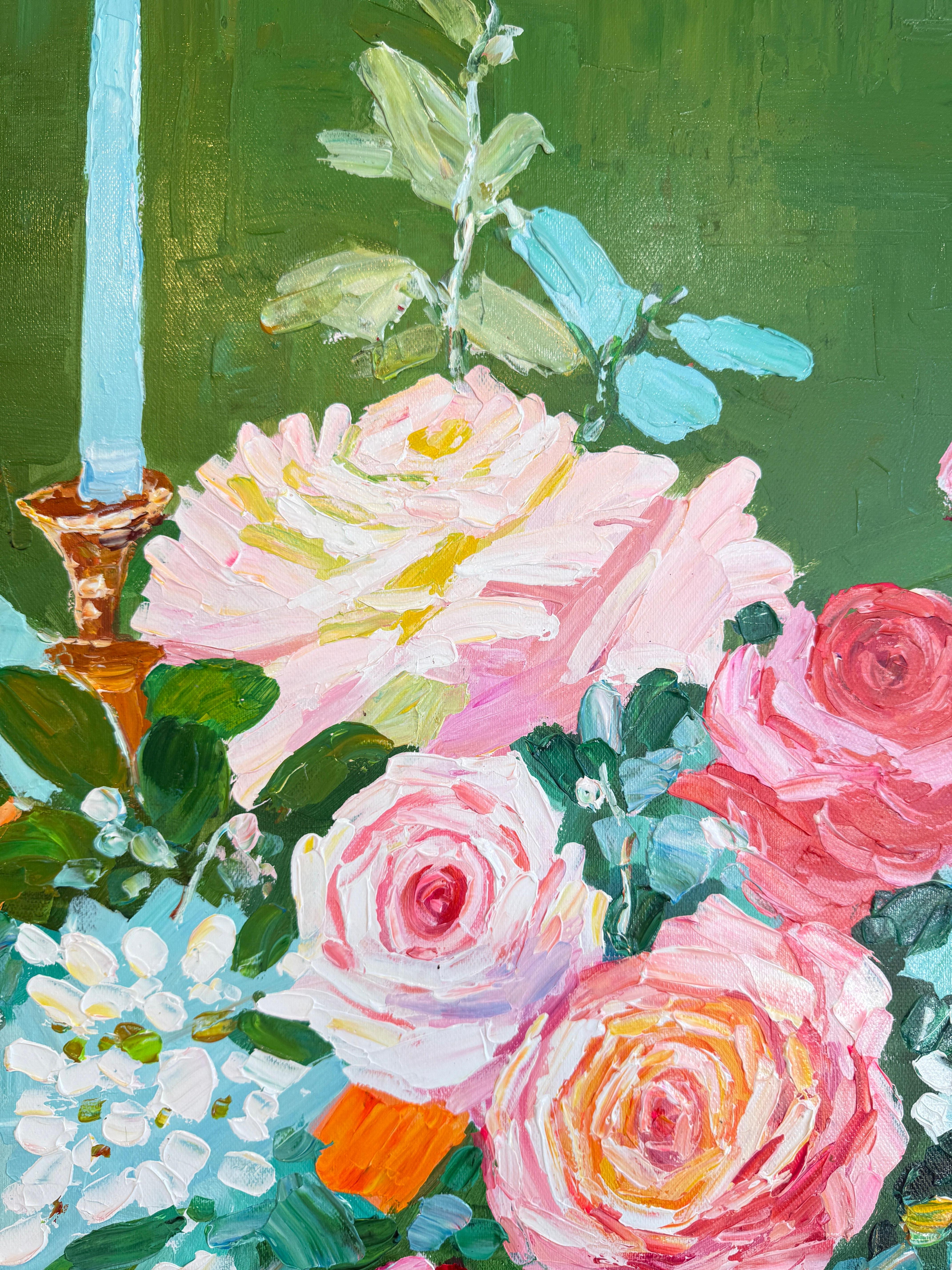Là où les bougies chuchotent - K.Kusslein Impasto Flower Dinner Table Painting en vente 1