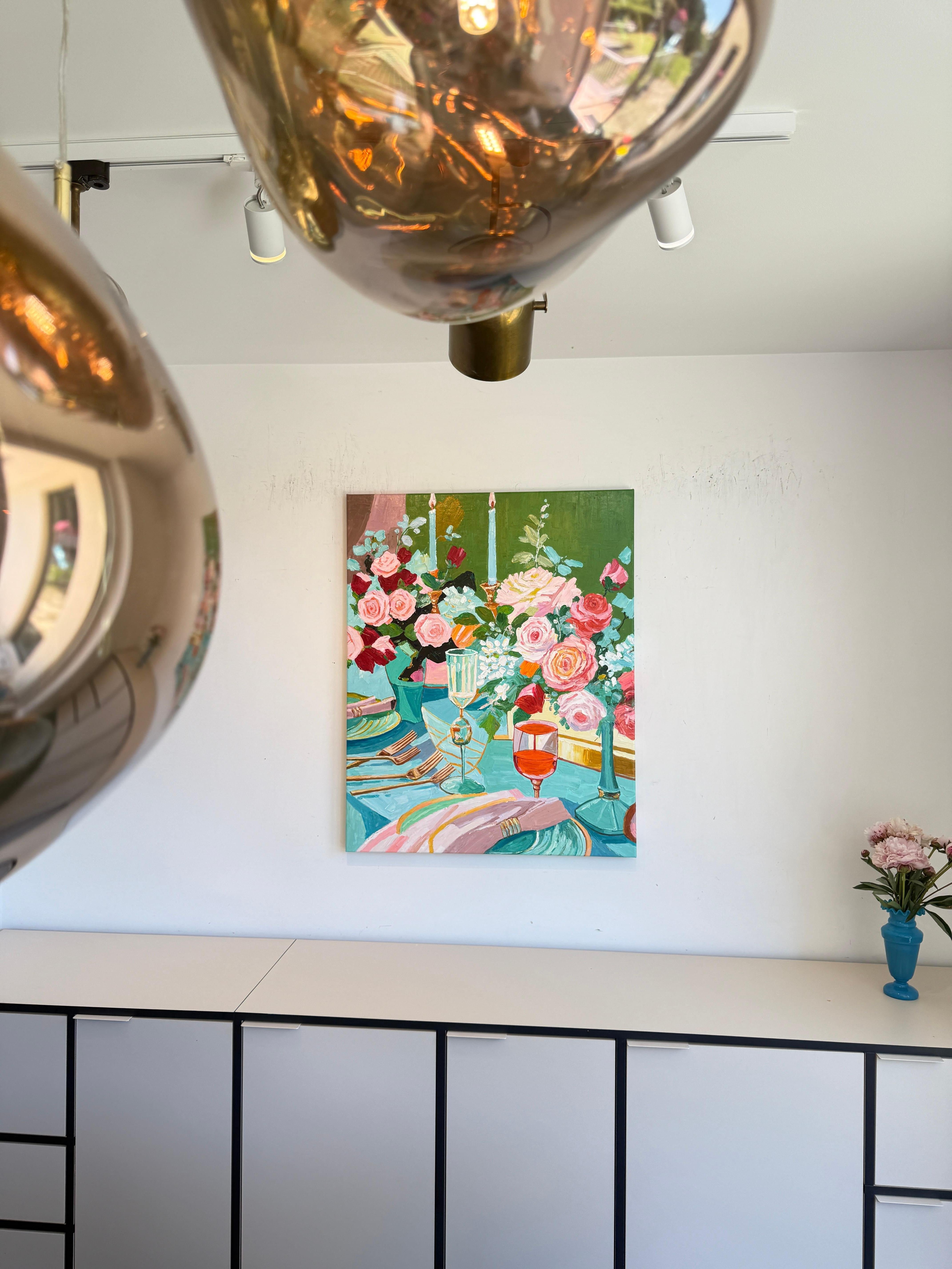 Là où les bougies chuchotent - K.Kusslein Impasto Flower Dinner Table Painting en vente 2