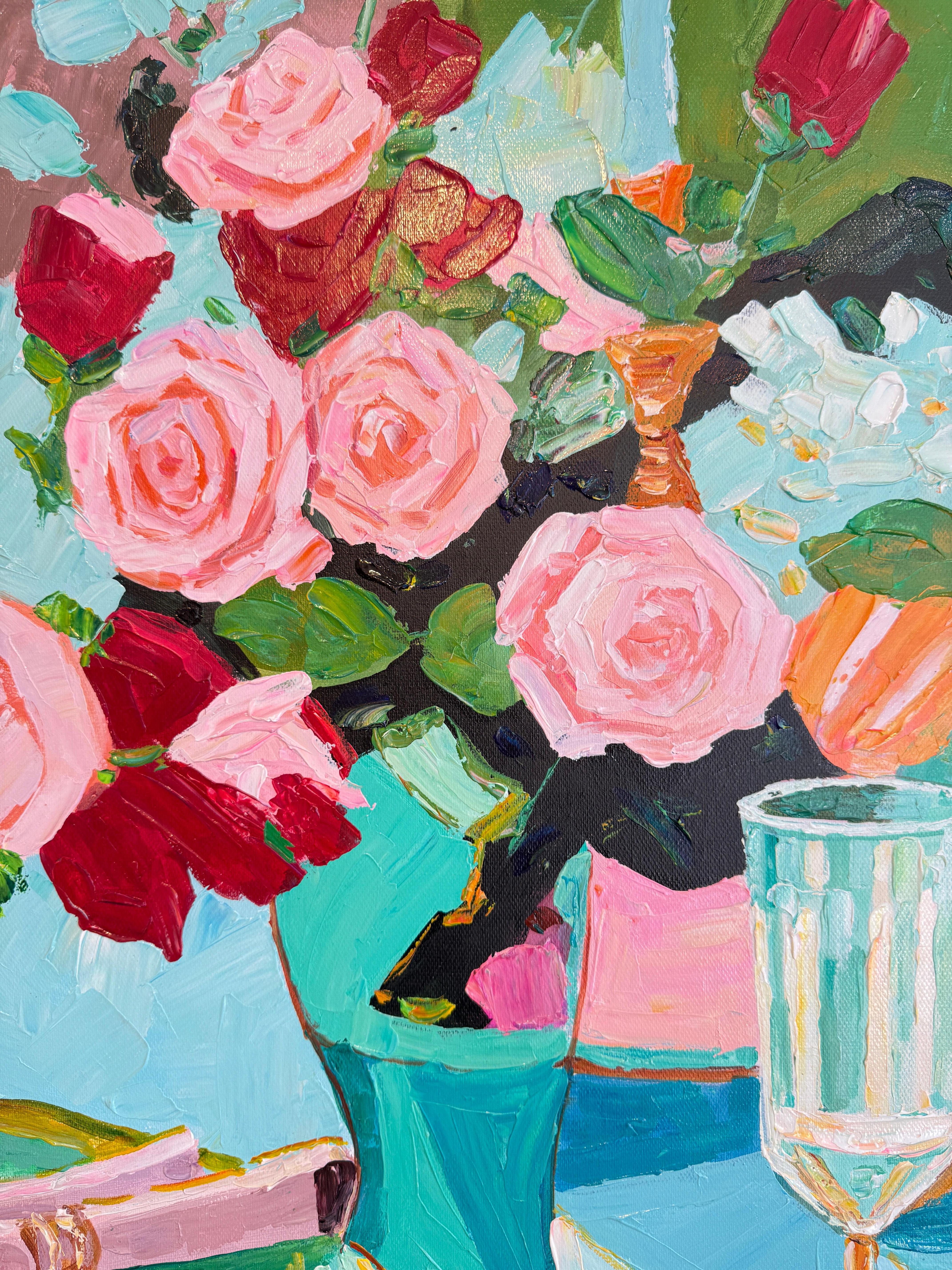 Là où les bougies chuchotent - K.Kusslein Impasto Flower Dinner Table Painting en vente 3