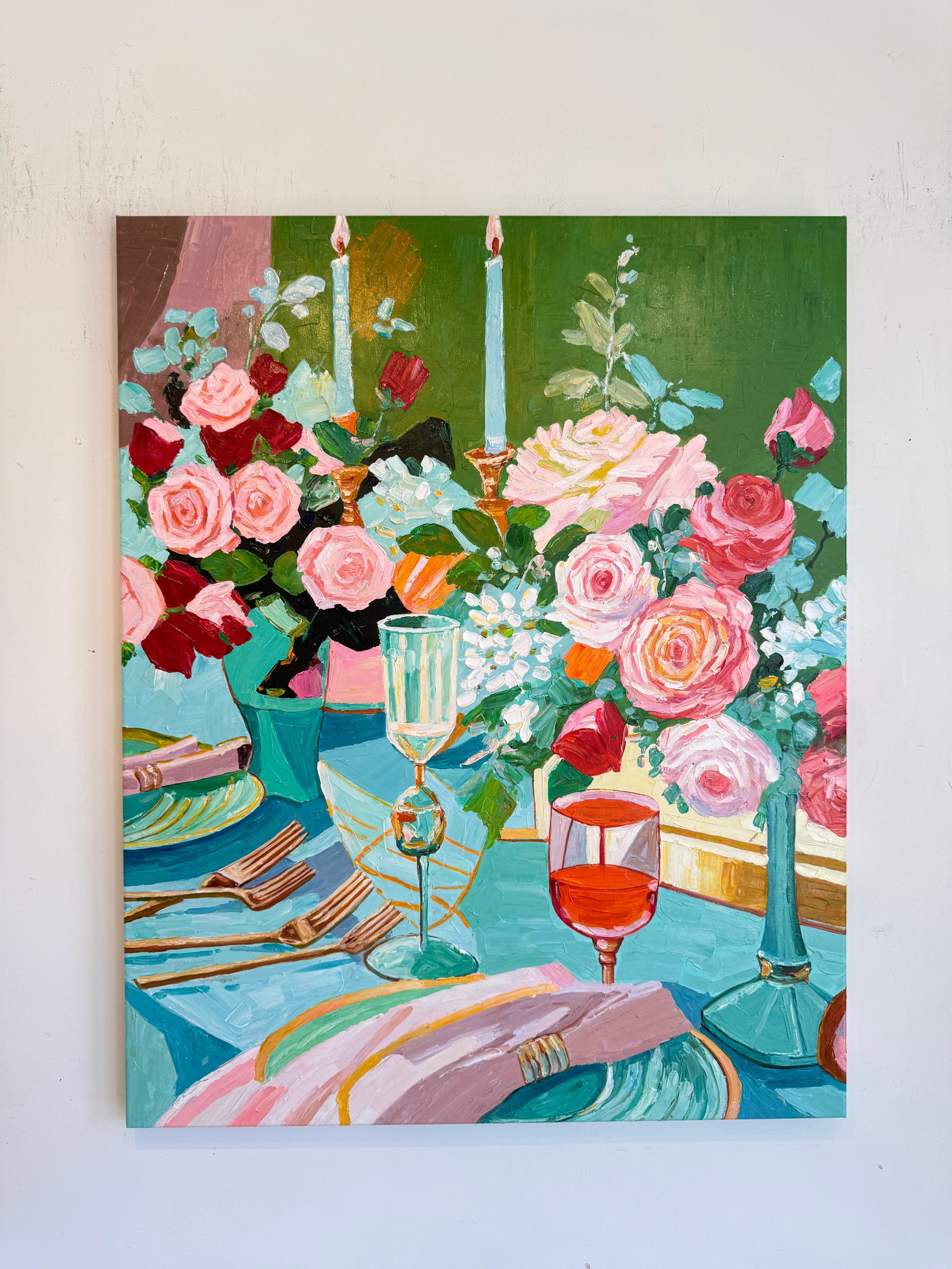 Là où les bougies chuchotent - K.Kusslein Impasto Flower Dinner Table Painting en vente 4