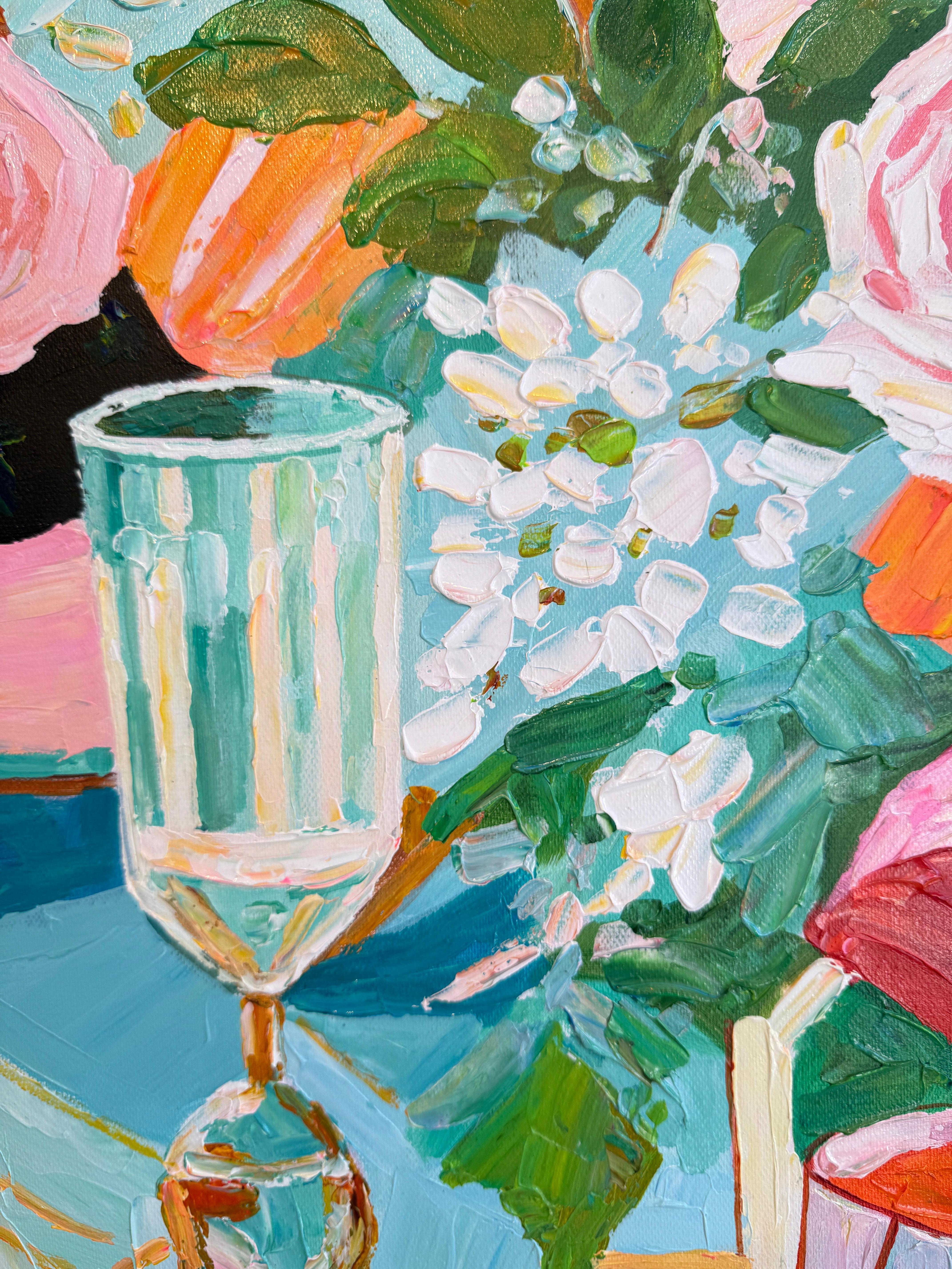 Là où les bougies chuchotent - K.Kusslein Impasto Flower Dinner Table Painting en vente 5