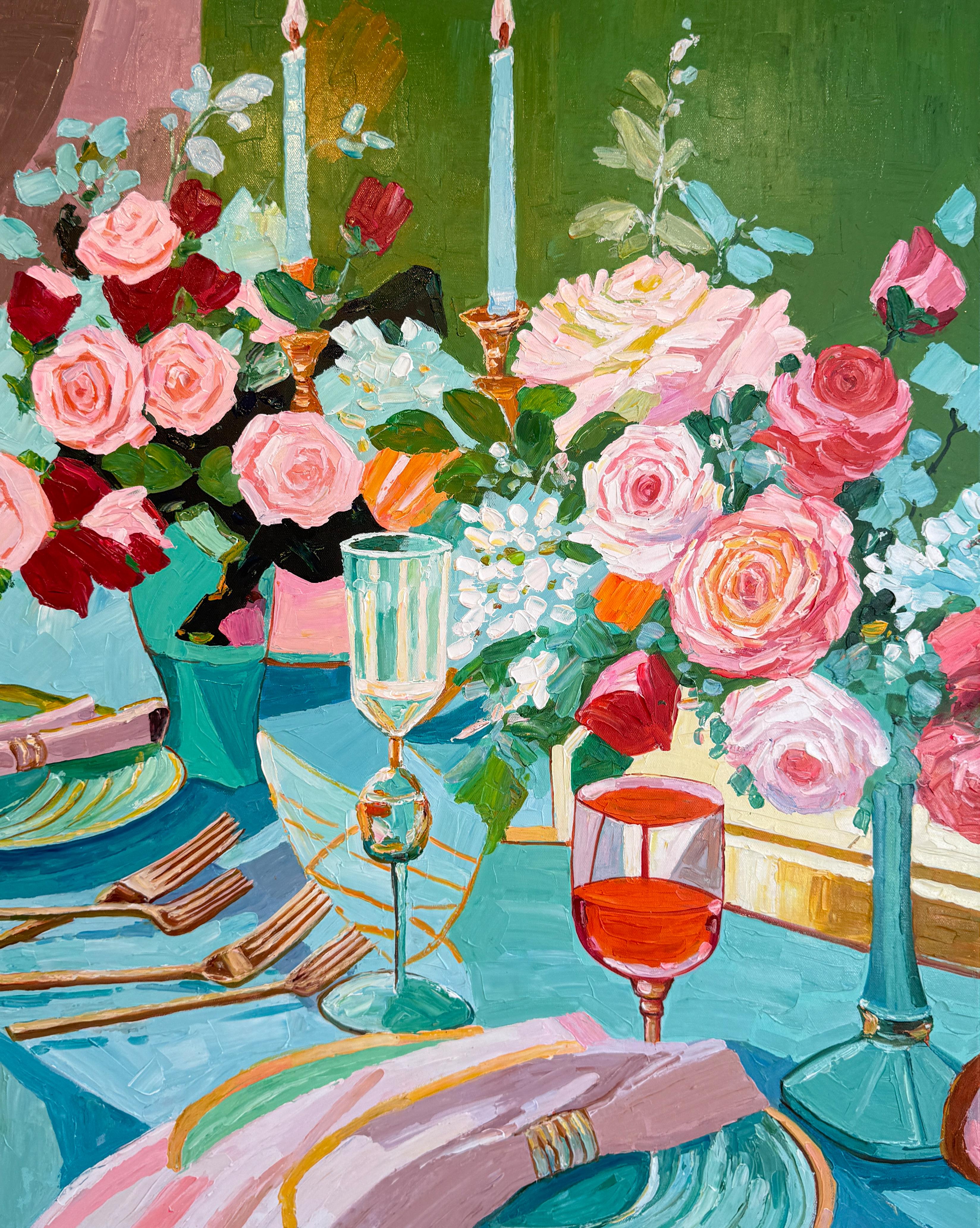 Là où les bougies chuchotent - K.Kusslein Impasto Flower Dinner Table Painting