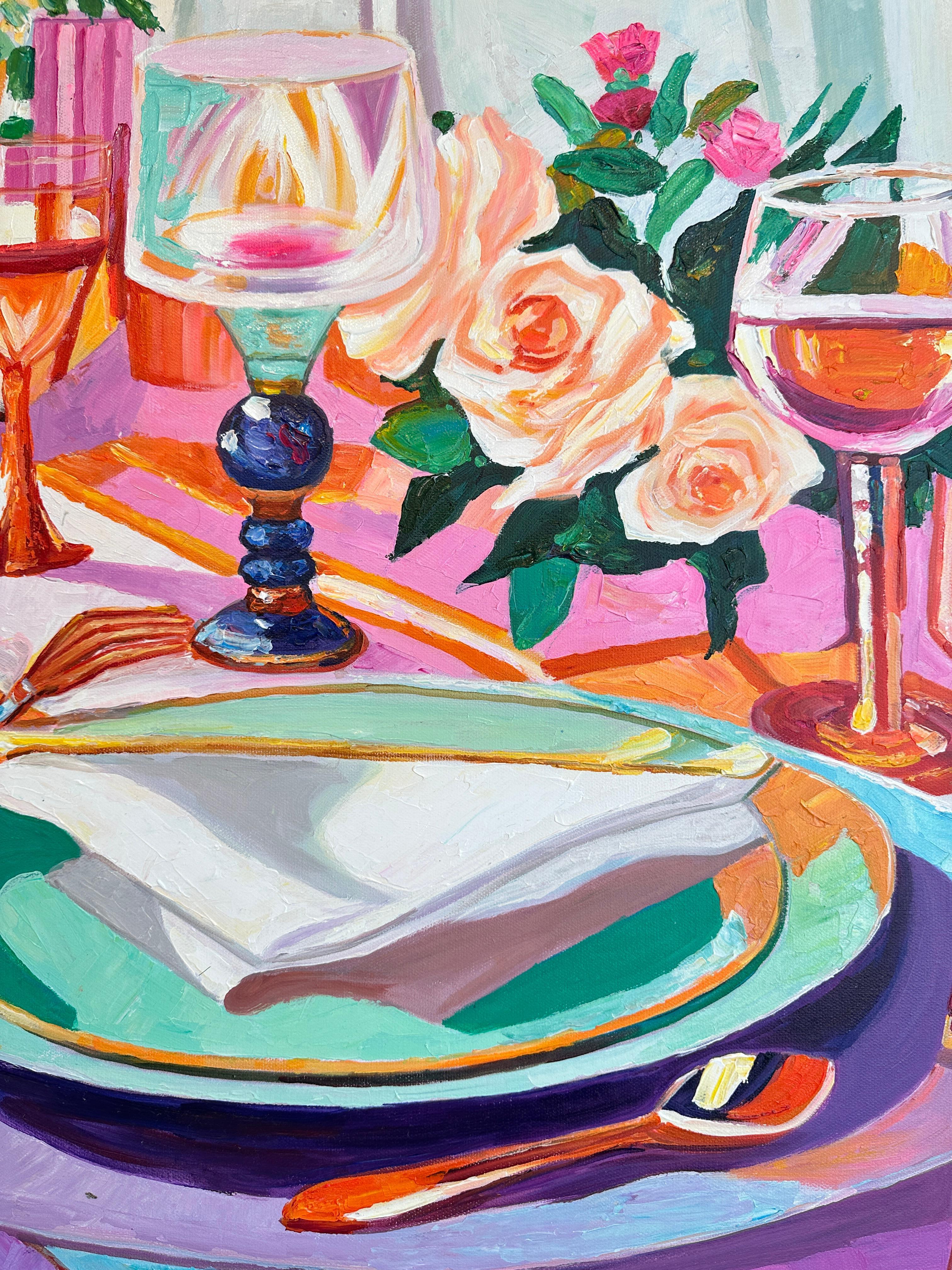 Where Flower meets Wine by K.Husslein Impasto Flower Dinner Food Table Painting For Sale 7