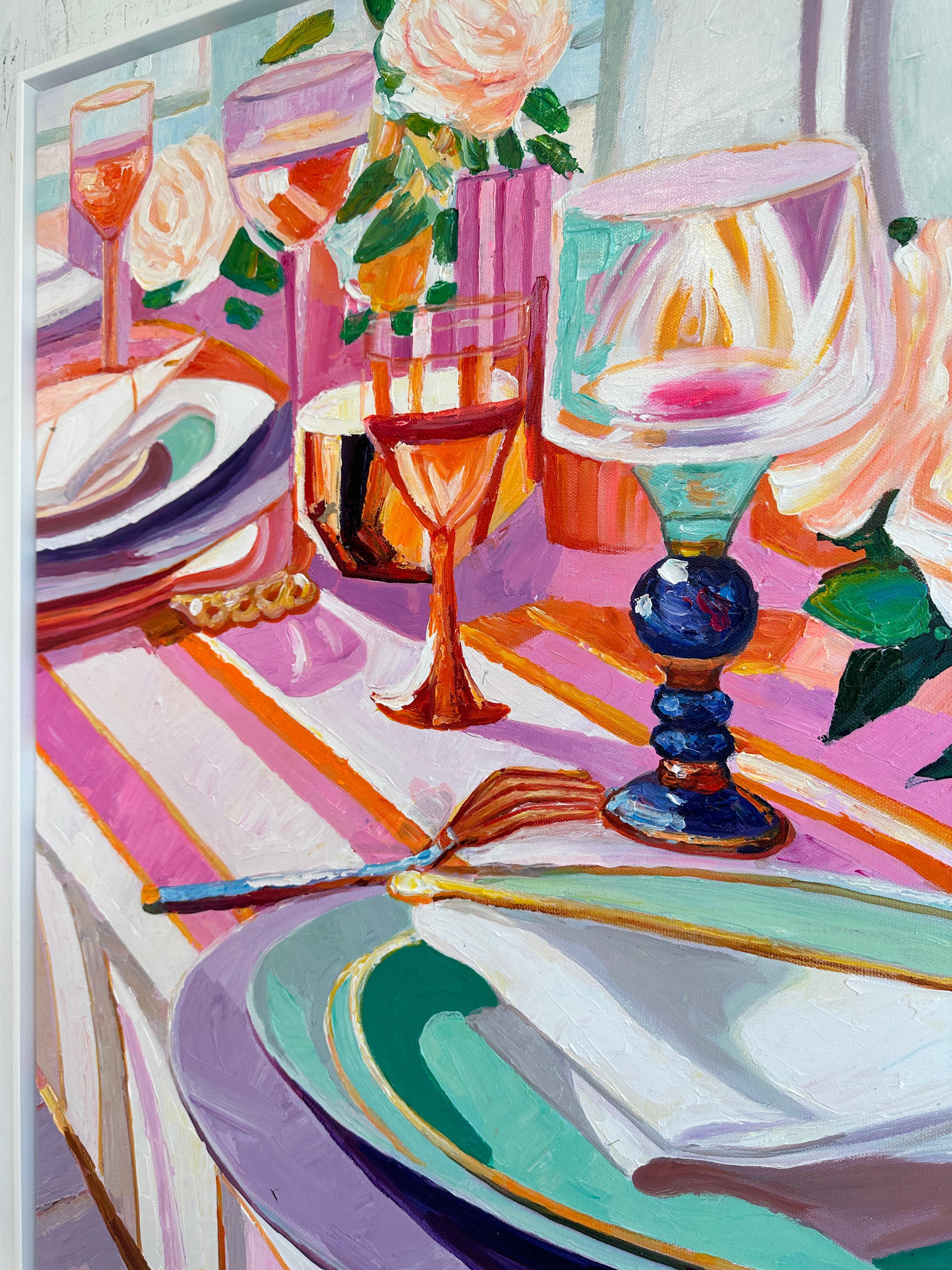 Where Flower meets Wine by K.Husslein Impasto Flower Dinner Food Table Painting For Sale 9