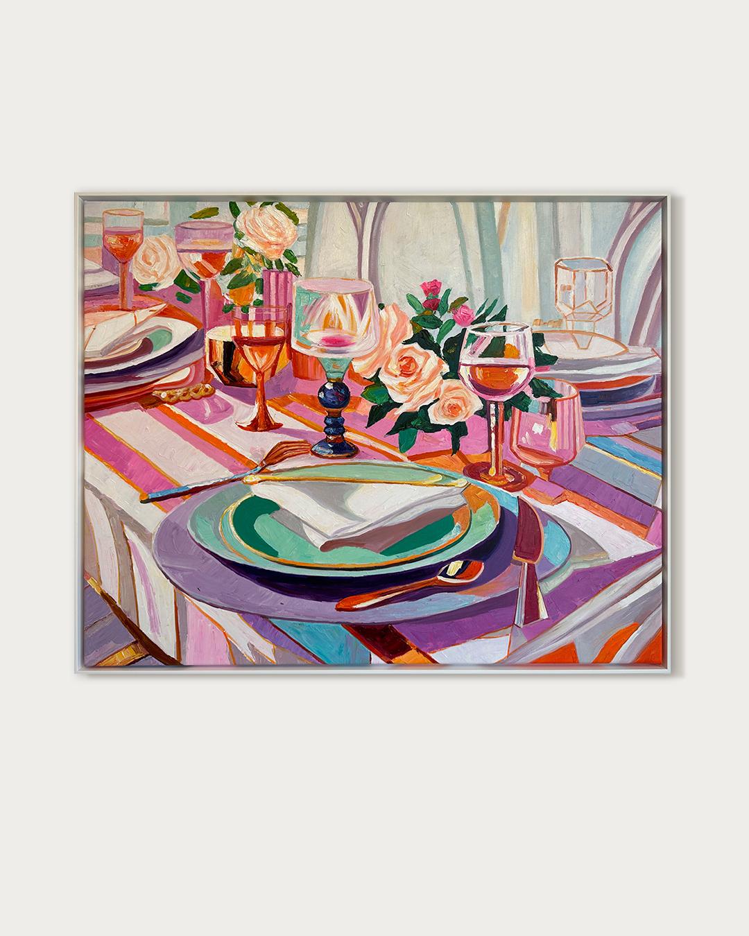 Where Flower meets Wine by K.Husslein Impasto Flower Dinner Food Table Painting - Brown Landscape Painting by Katharina Husslein