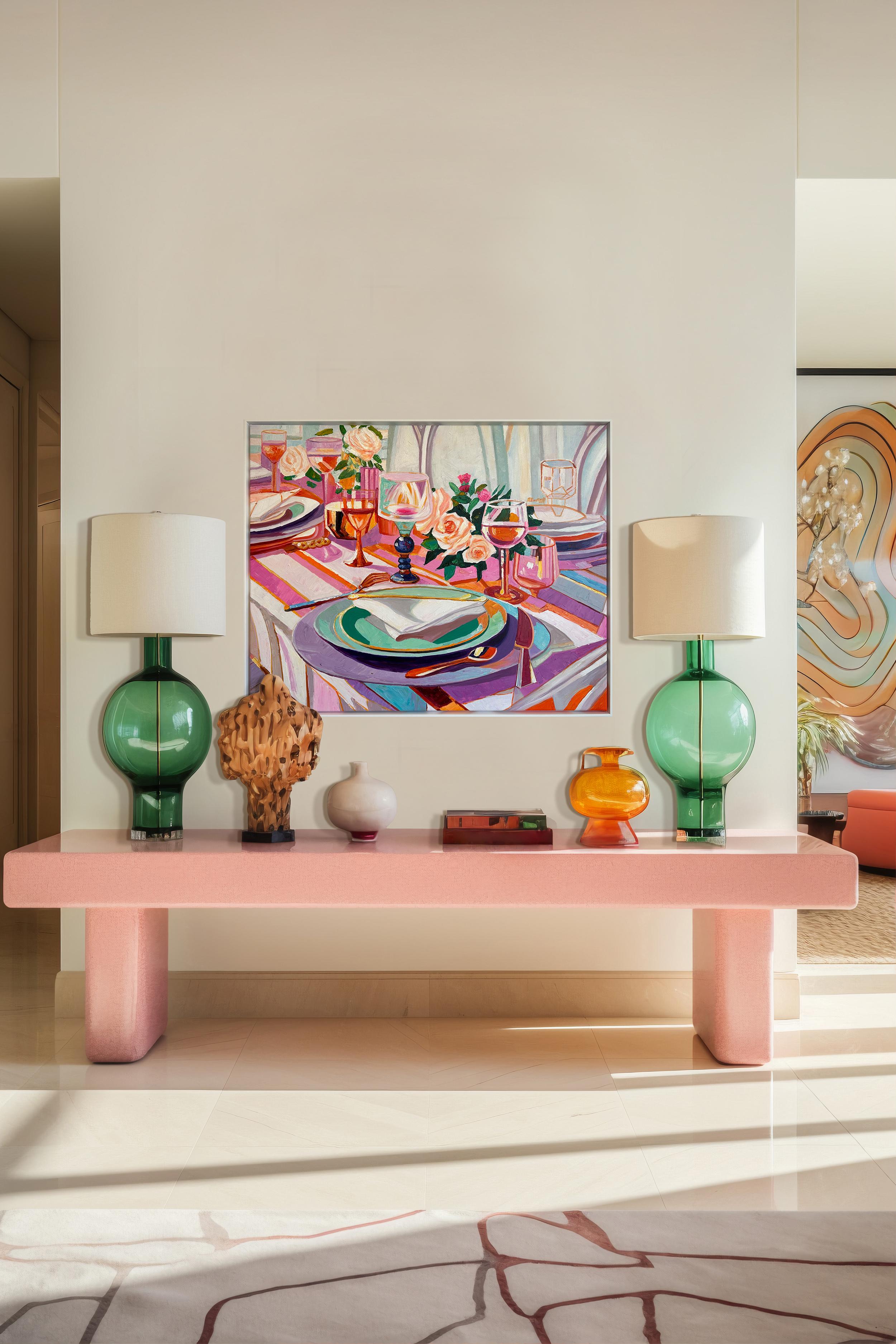 In Katharina Husslein’s latest collection, richly textured table scenes come to life through her signature impasto technique and expressive brushwork. Moving beyond her earlier floral-focused works, these new paintings capture intimate, celebratory