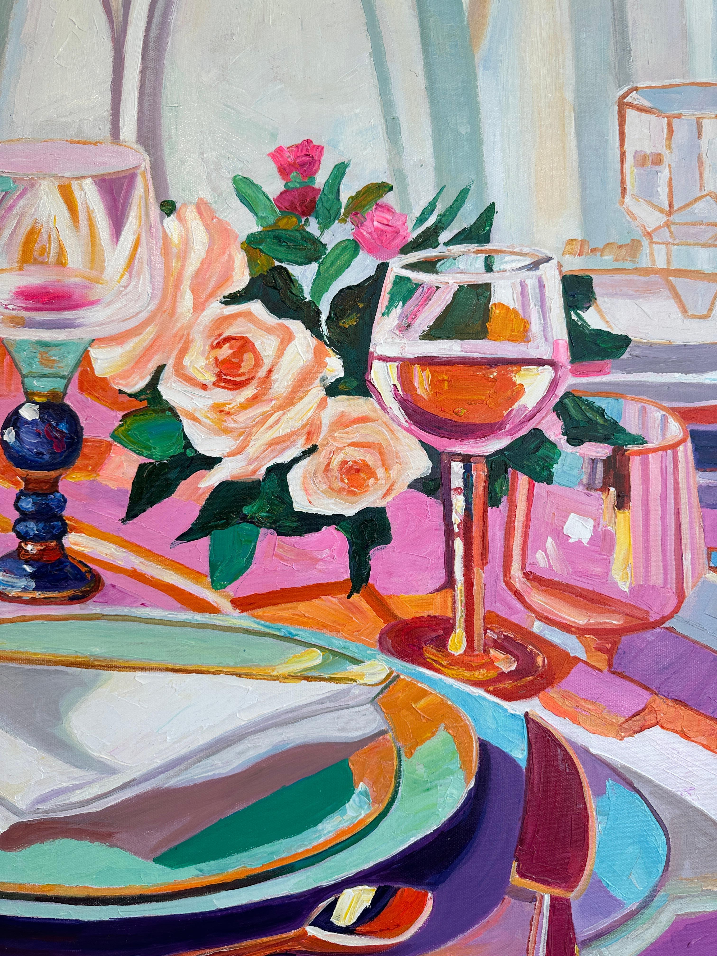 Where Flower meets Wine by K.Husslein Impasto Flower Dinner Food Table Painting For Sale 1