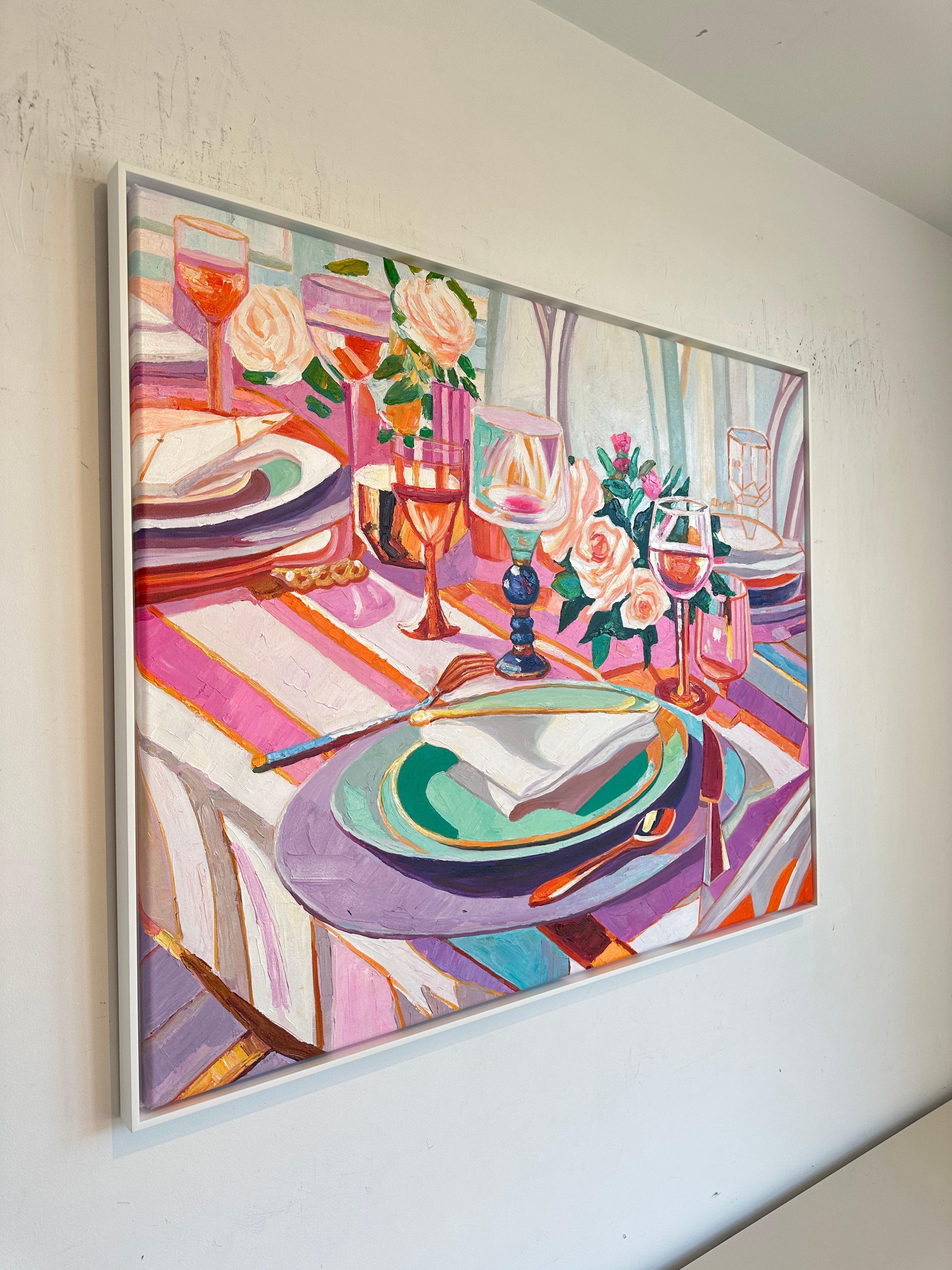 Where Flower meets Wine by K.Husslein Impasto Flower Dinner Food Table Painting For Sale 2