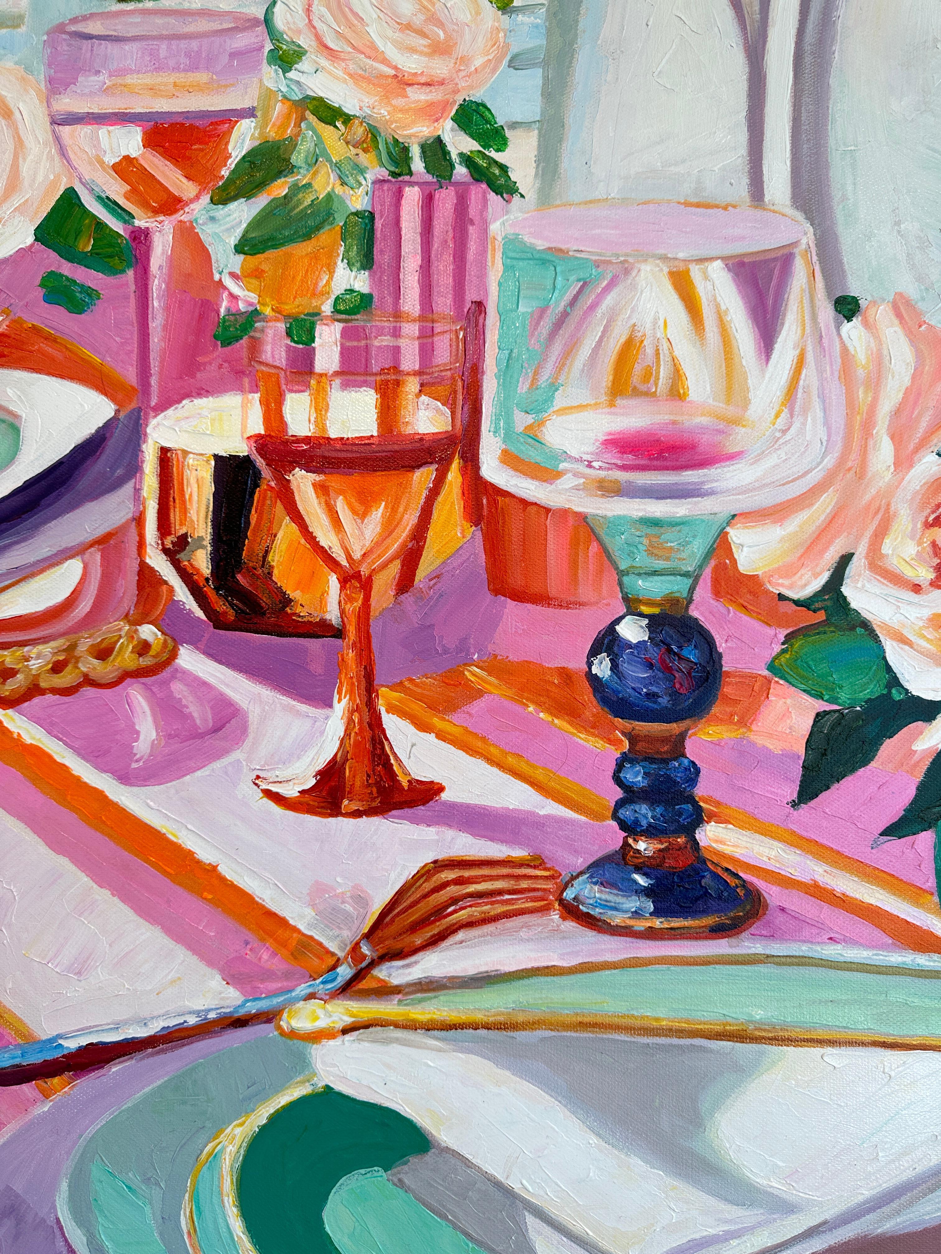 Where Flower meets Wine by K.Husslein Impasto Flower Dinner Food Table Painting For Sale 3