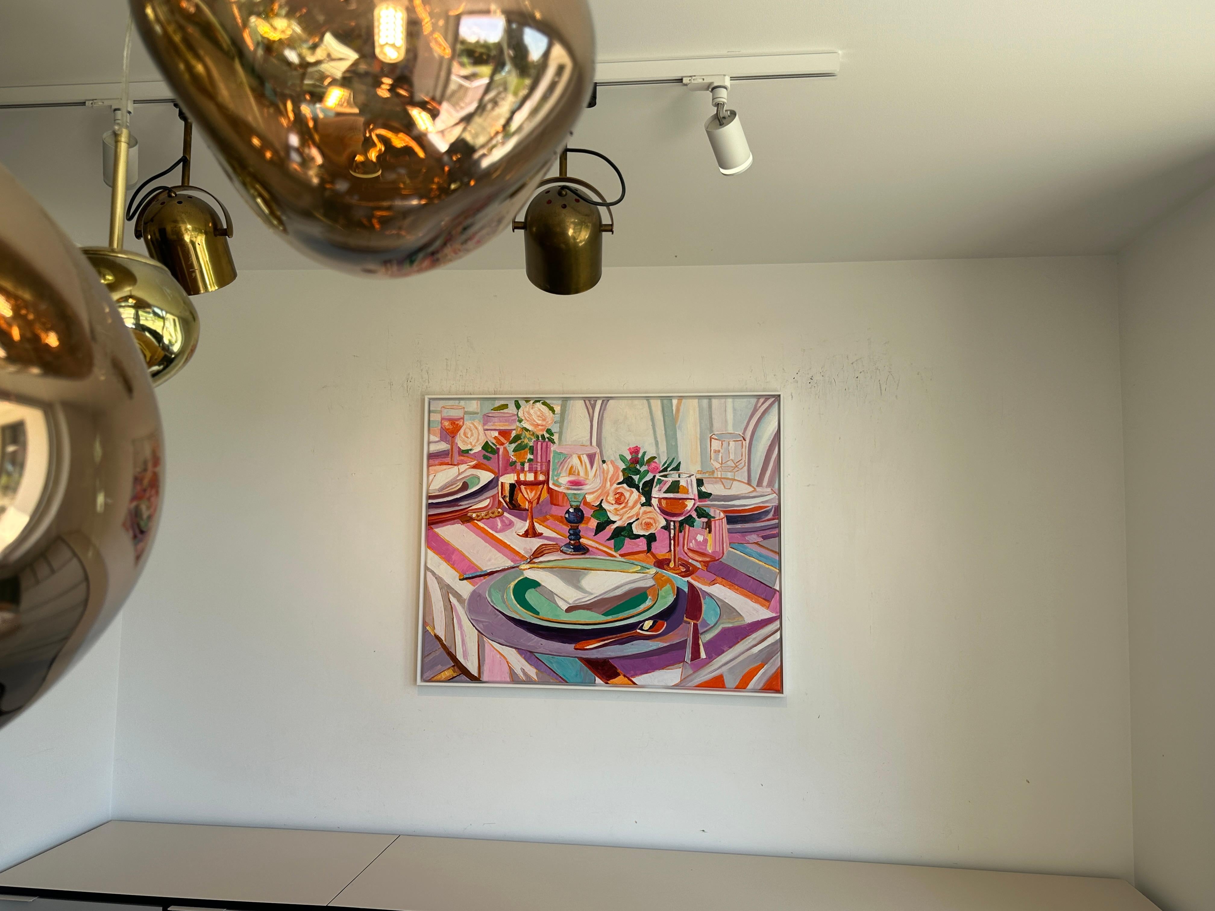 Where Flower meets Wine by K.Husslein Impasto Flower Dinner Food Table Painting For Sale 4