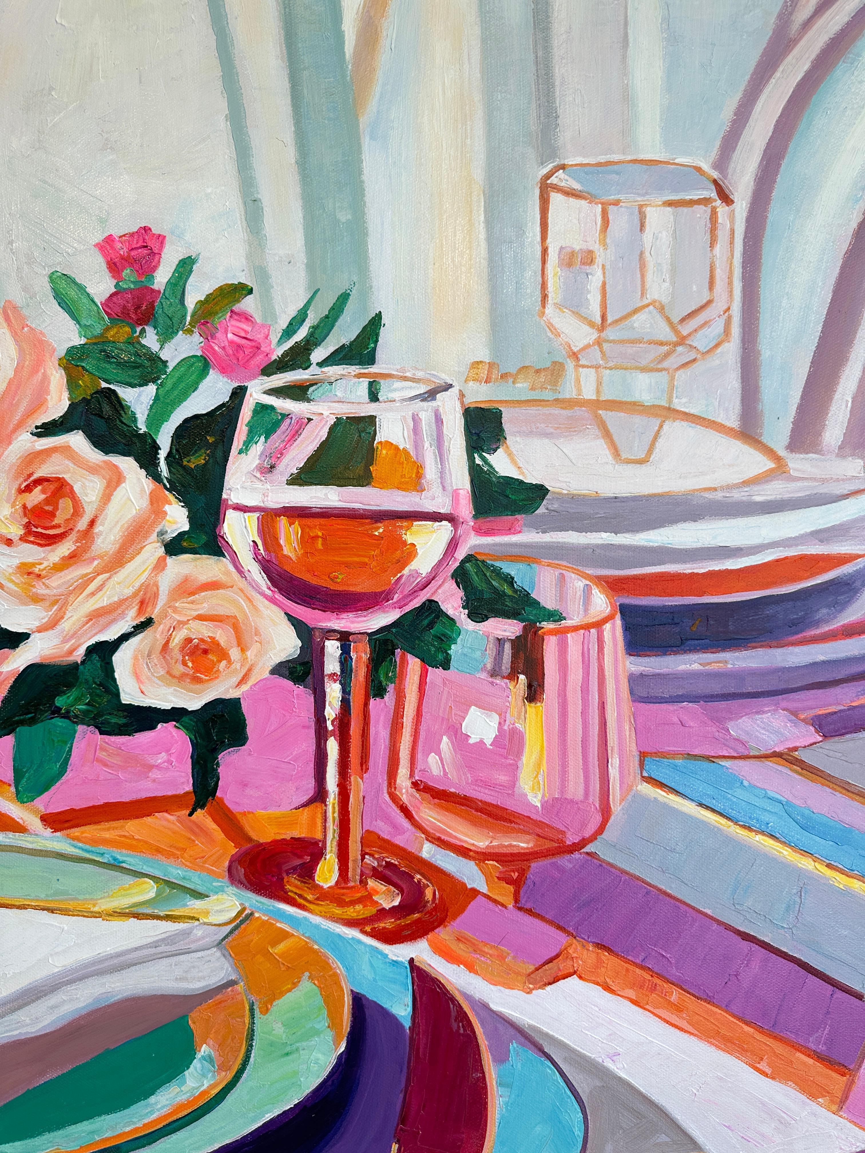 Where Flower meets Wine by K.Husslein Impasto Flower Dinner Food Table Painting For Sale 5