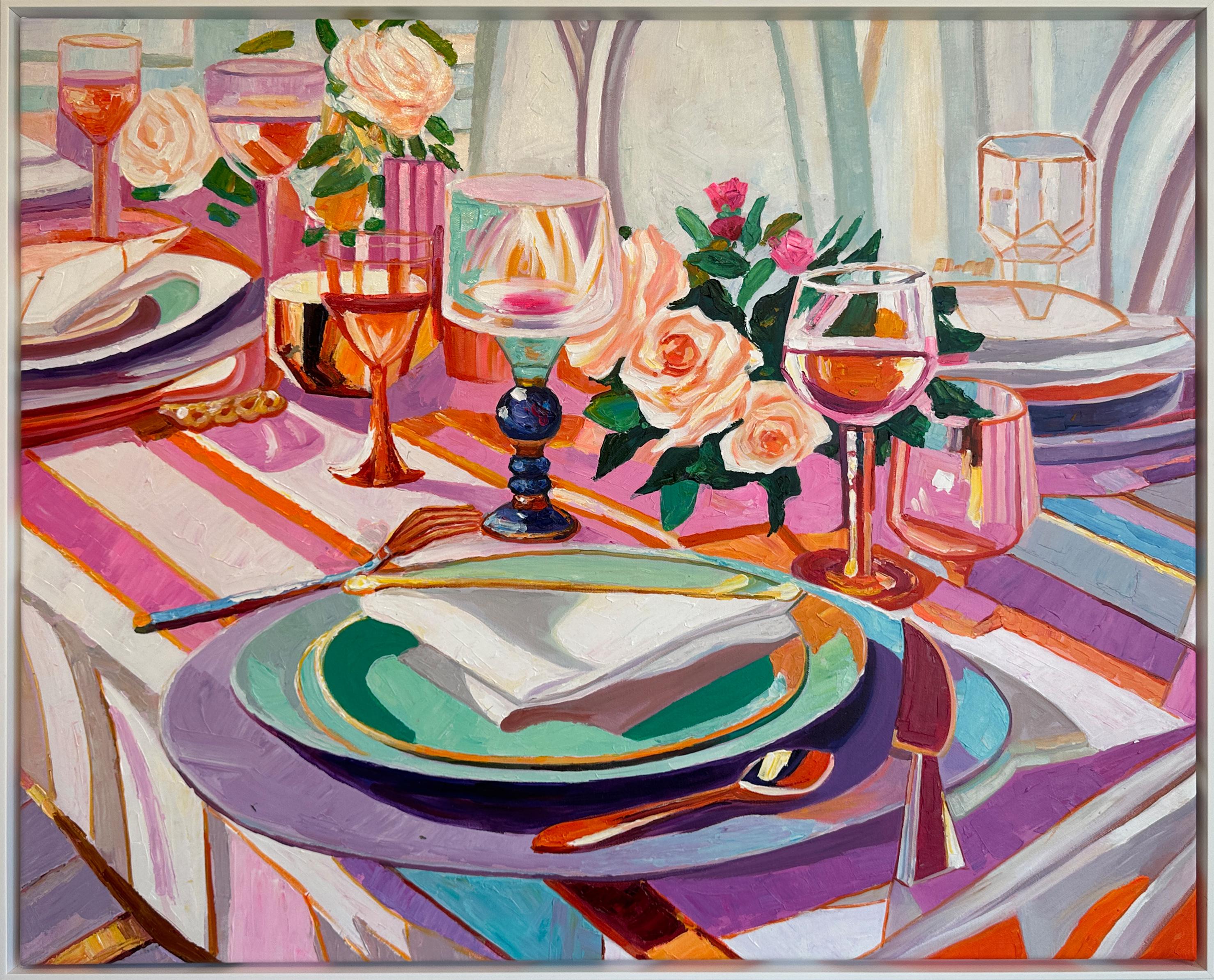 Donde la flor se encuentra con el vino por K.Husslein Pintura de sobremesa Impasto Flor Cena Comida