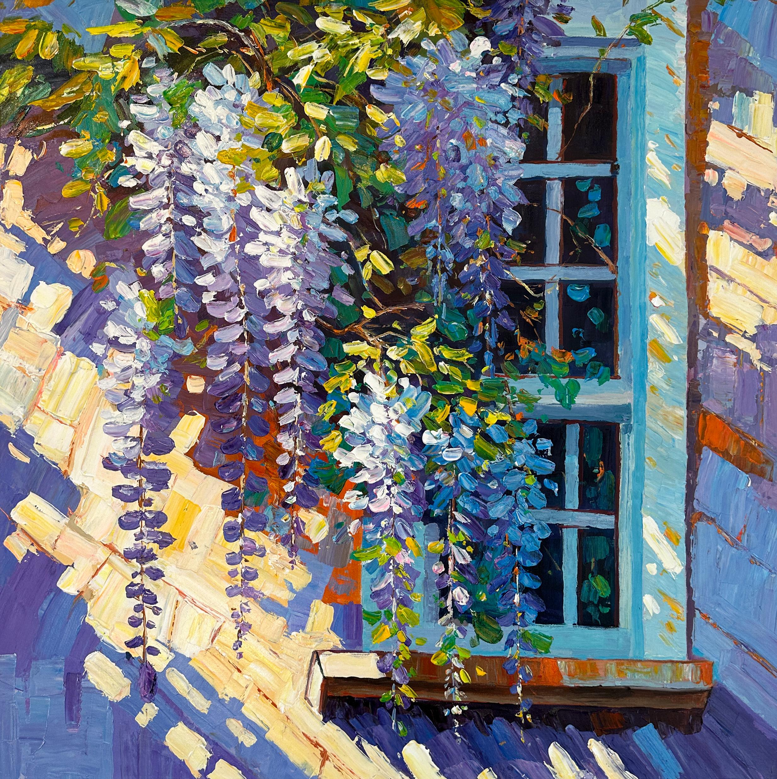 Maravillosa glicinia de K. Husslein Pintura impresionista de flores al impasto 6