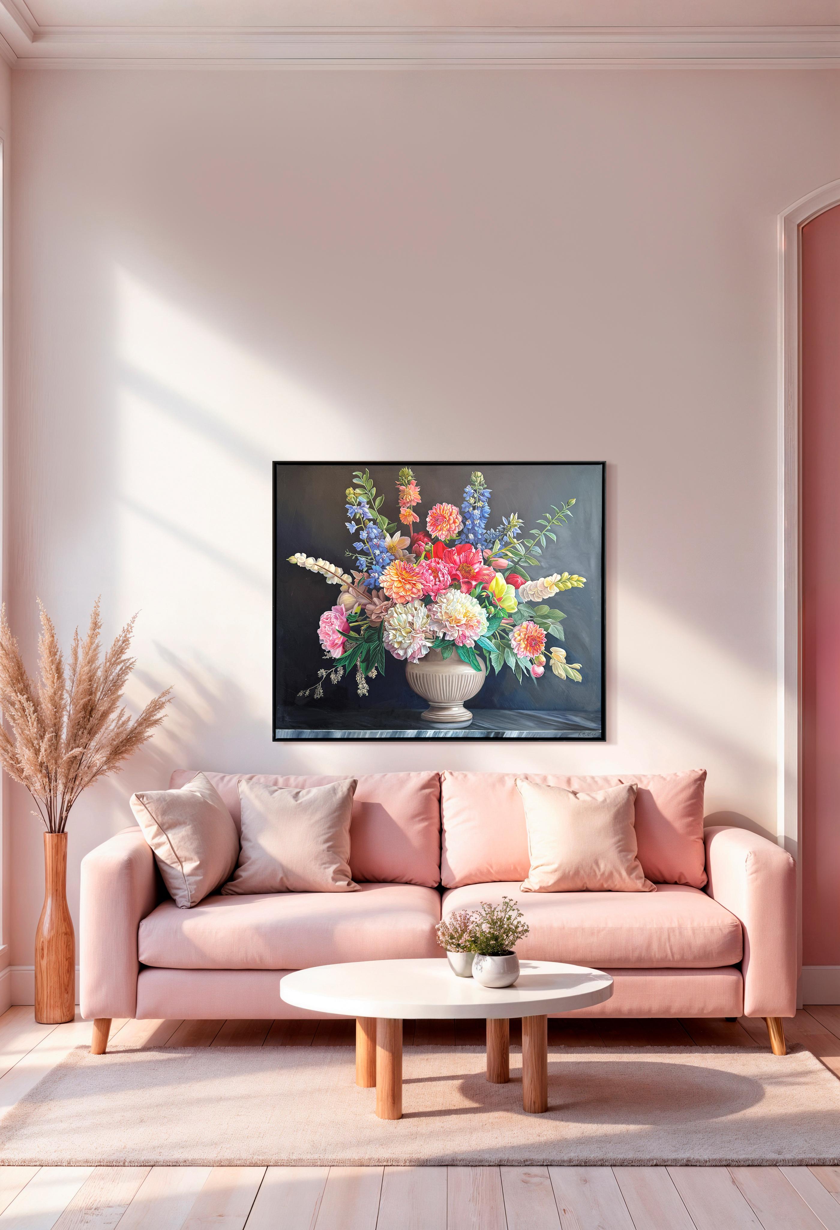 This is a beautiful oil painting of an array of flowers in a vase in front of a dark background.
Reminding us of old master paintings, this is a brand new painting full elegance and timeless elegance.
The botanical paintings by Katharina Husslein