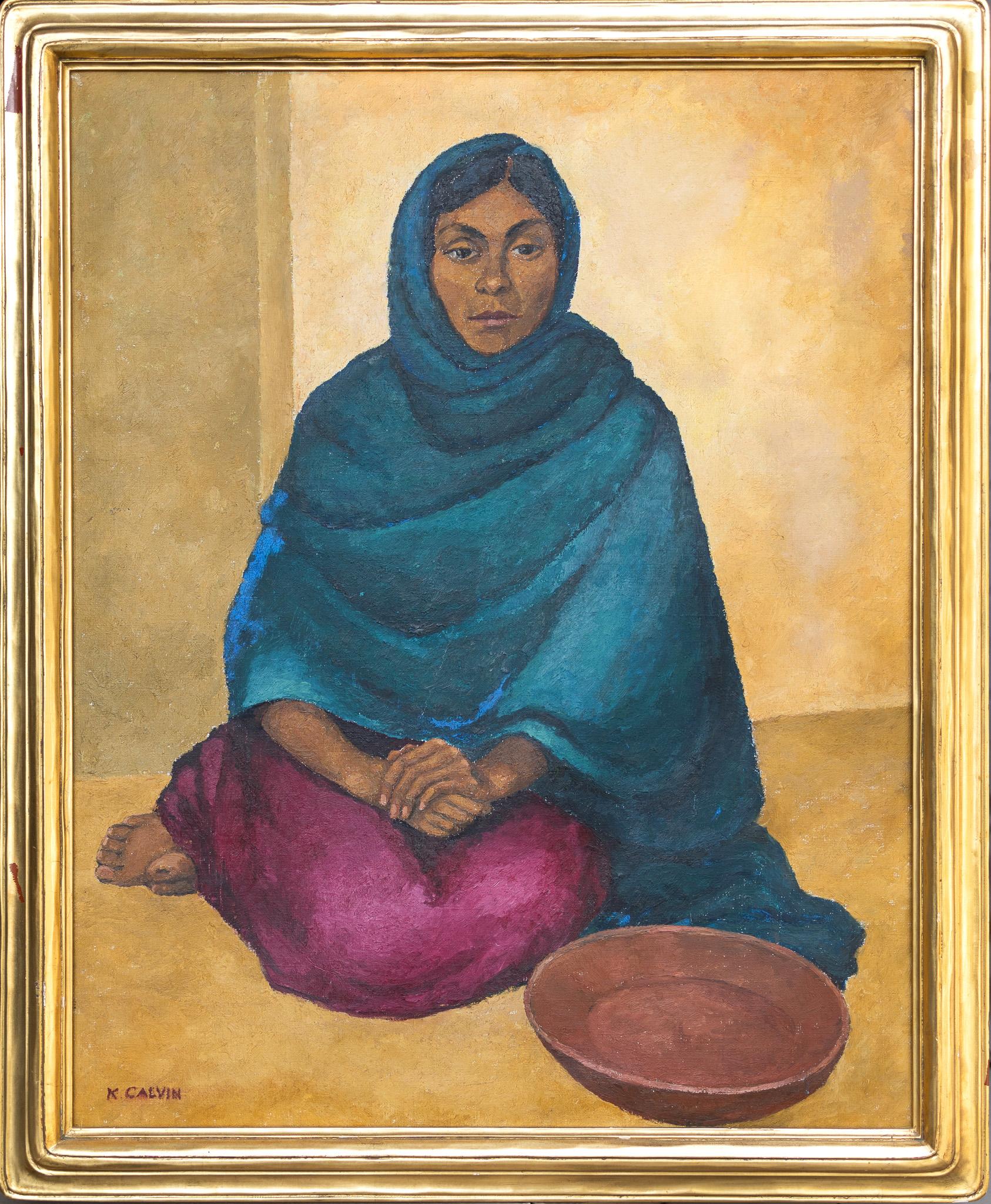 Donna seduta in blu - Painting di Katharine Calvin