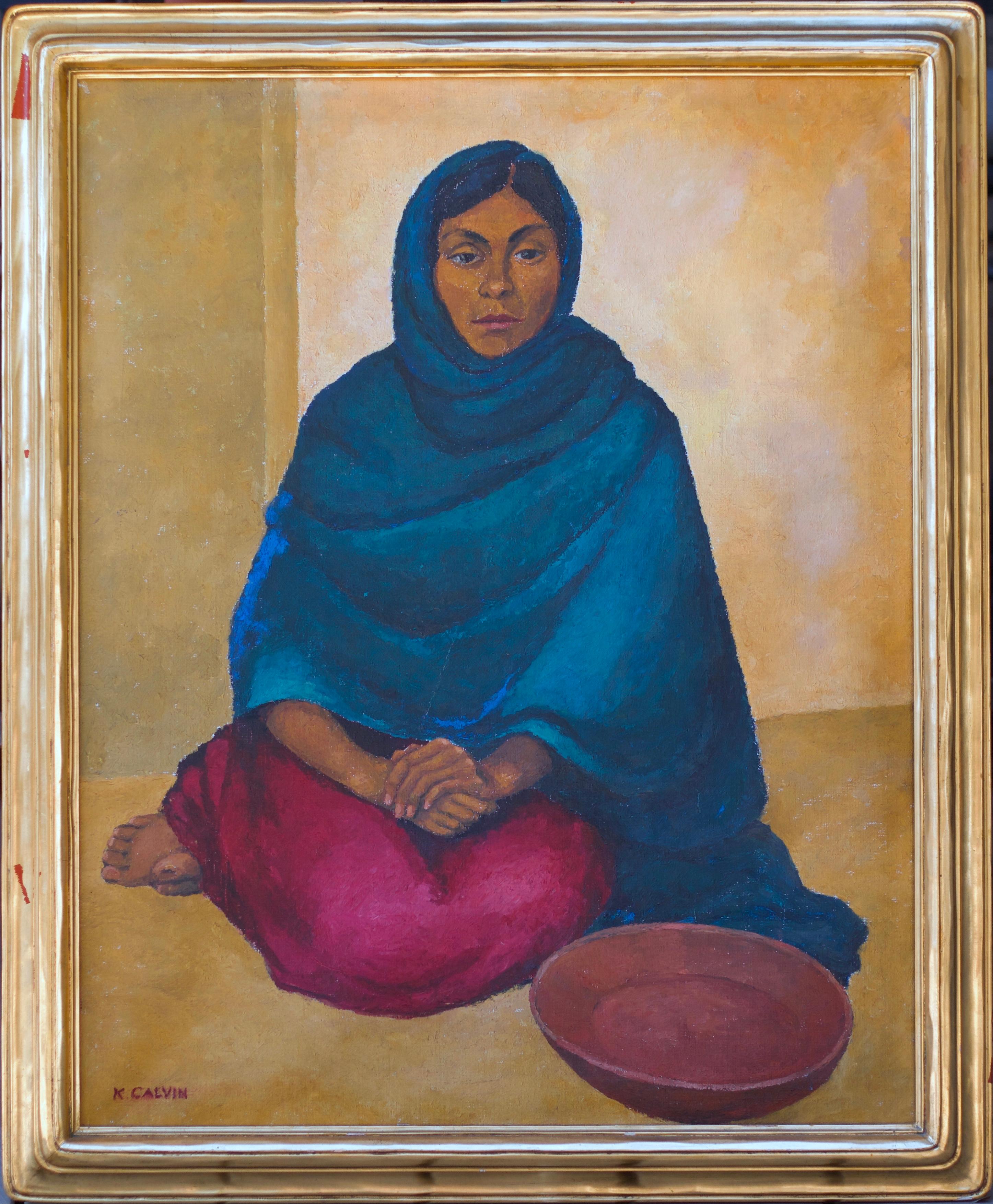Seated Woman in Blue - Painting by Katharine Calvin