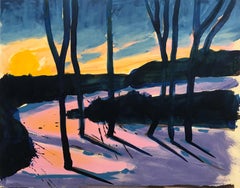 Another Sunrise, oil painting of pink and yellow sunrise, forest