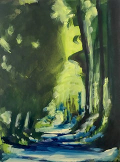Daily Walk I, oil painting of green, blue and teal forest, daytime